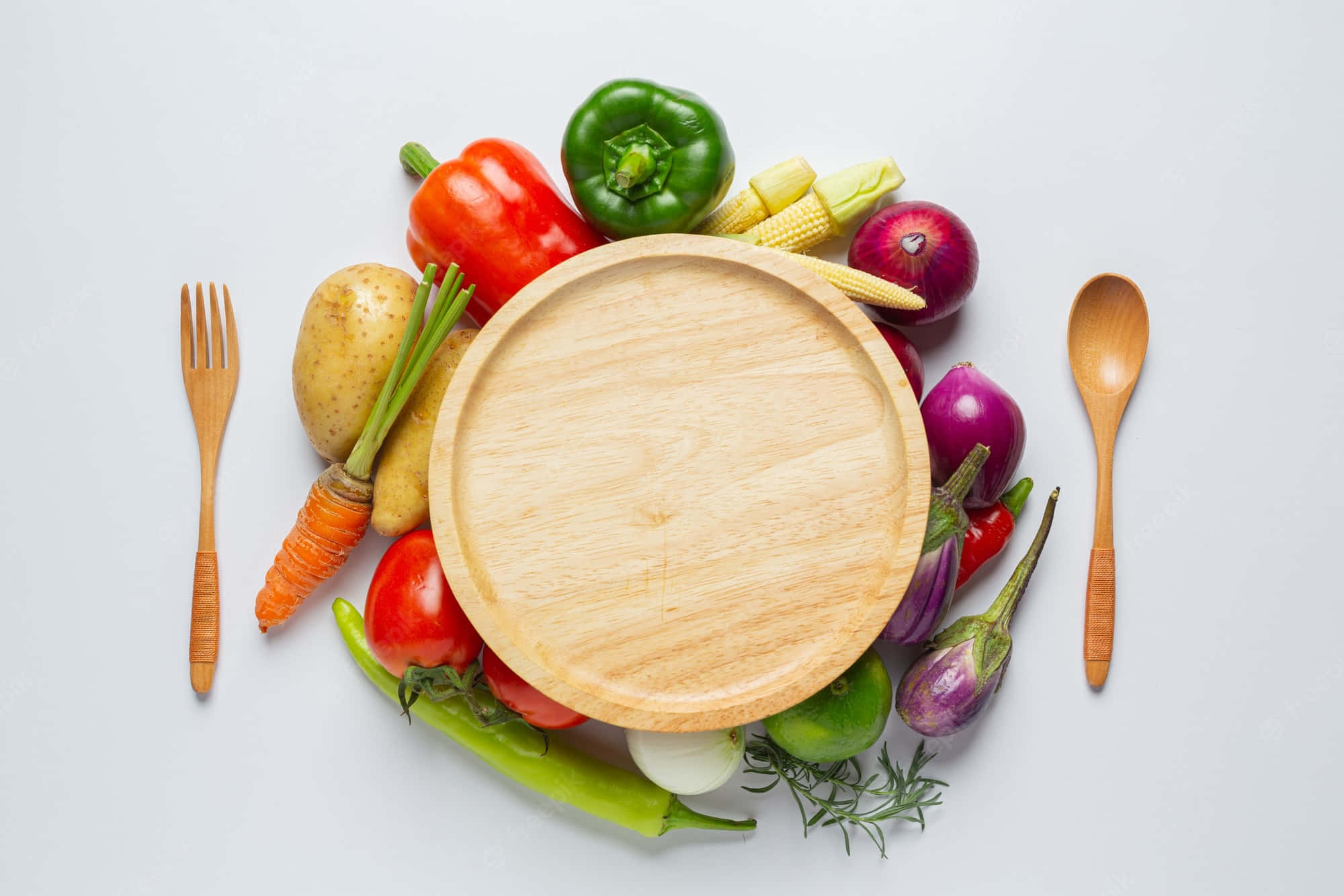 wooden plate, colorful fresh vegetables, wooden cutlery, Full HD Desktop Wallpaper