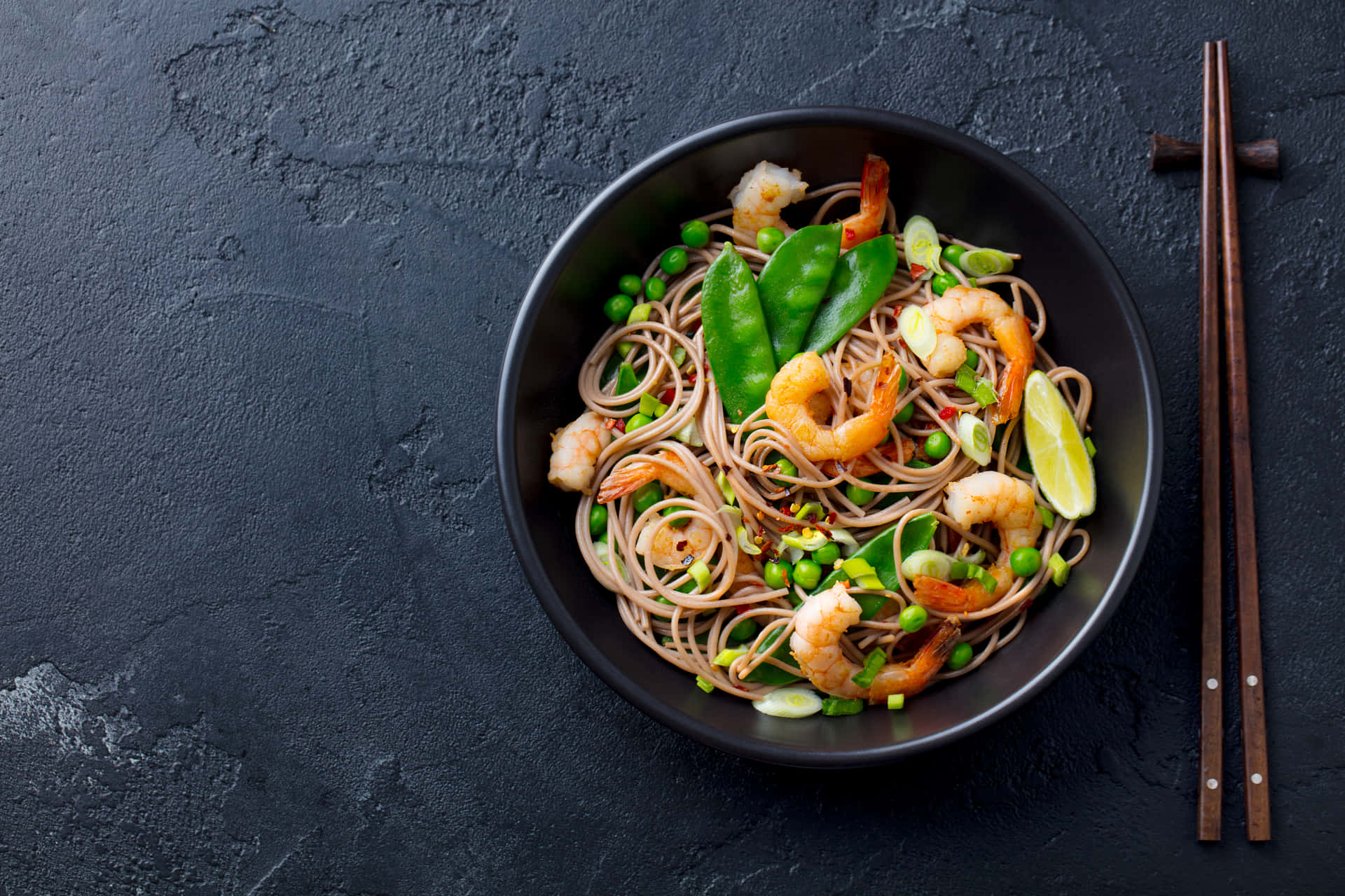 soba noodles, shrimp, snow peas, Full HD Desktop Wallpaper