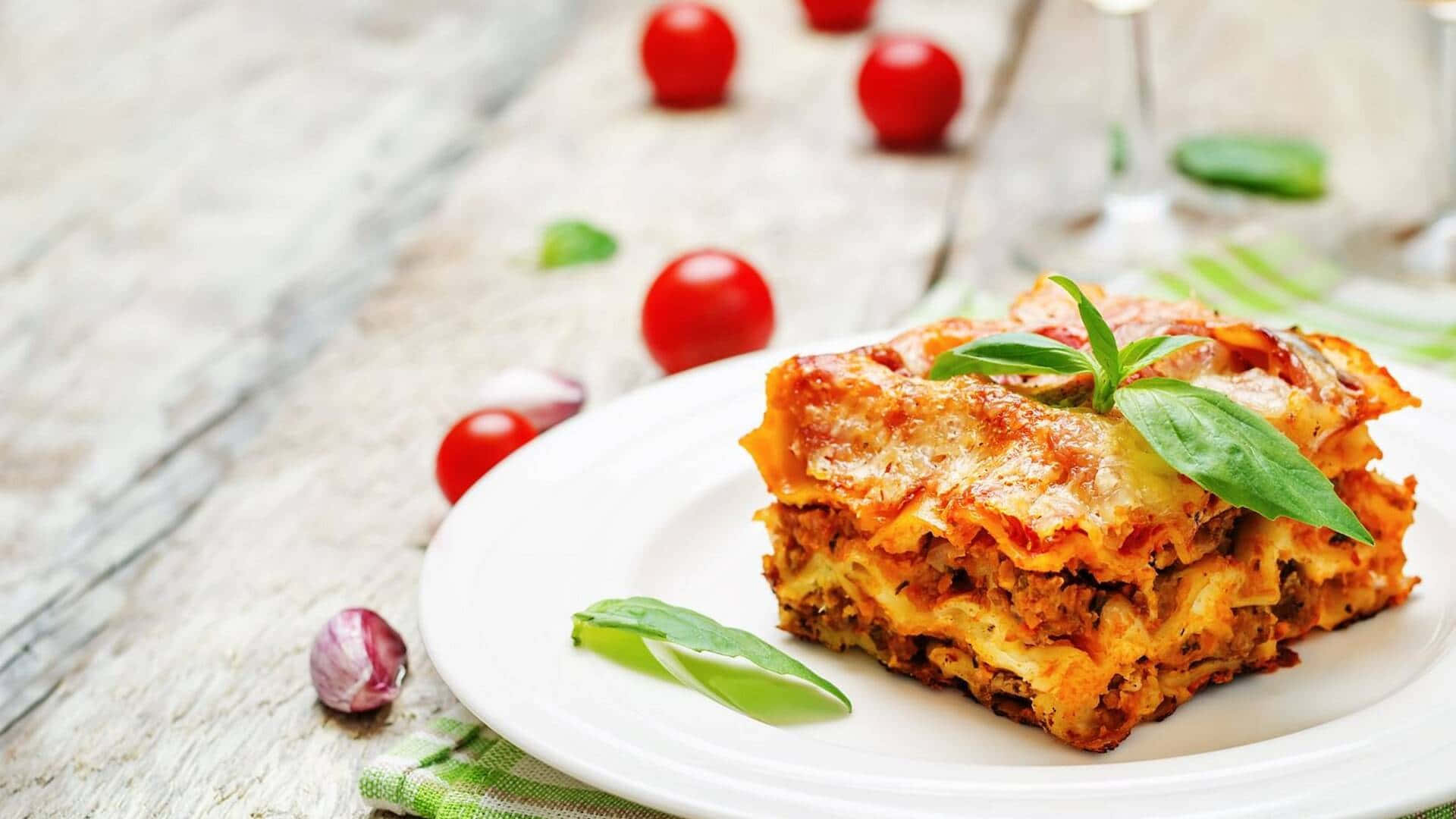 lasagna alla bolognese, golden-brown, fresh basil, Full HD Desktop Wallpaper
