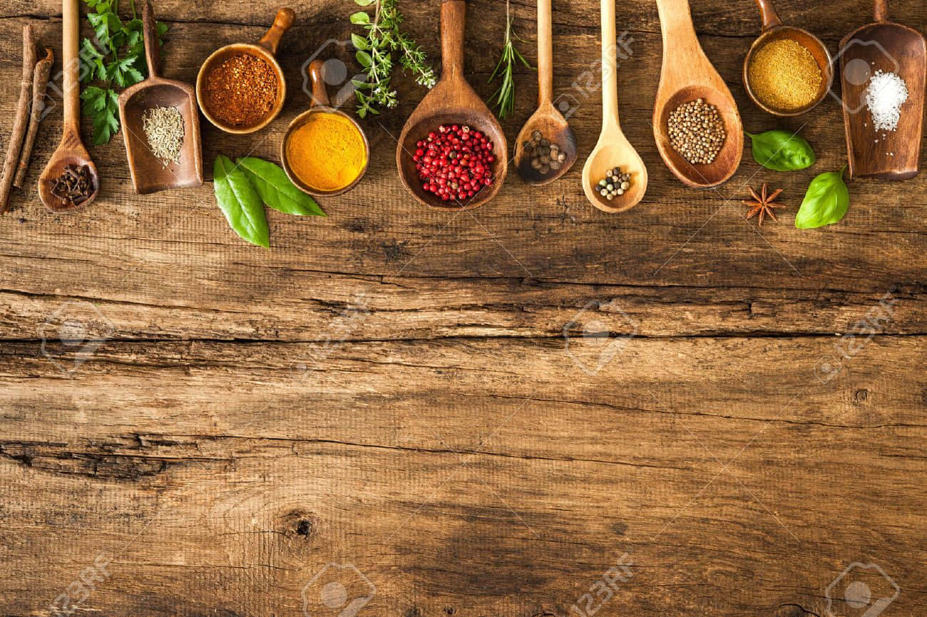 wooden table, spices and herbs, wooden spoons, HD Desktop Wallpaper