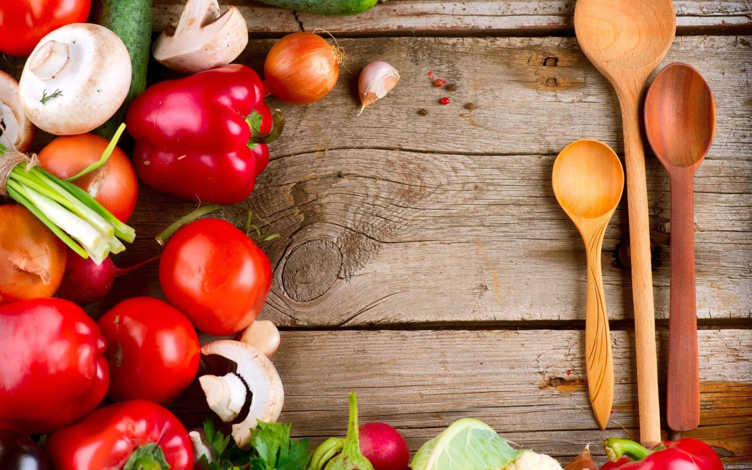 rustic weathered wooden table, fresh vibrant vegetables, wooden spoons, 2K Desktop Wallpaper