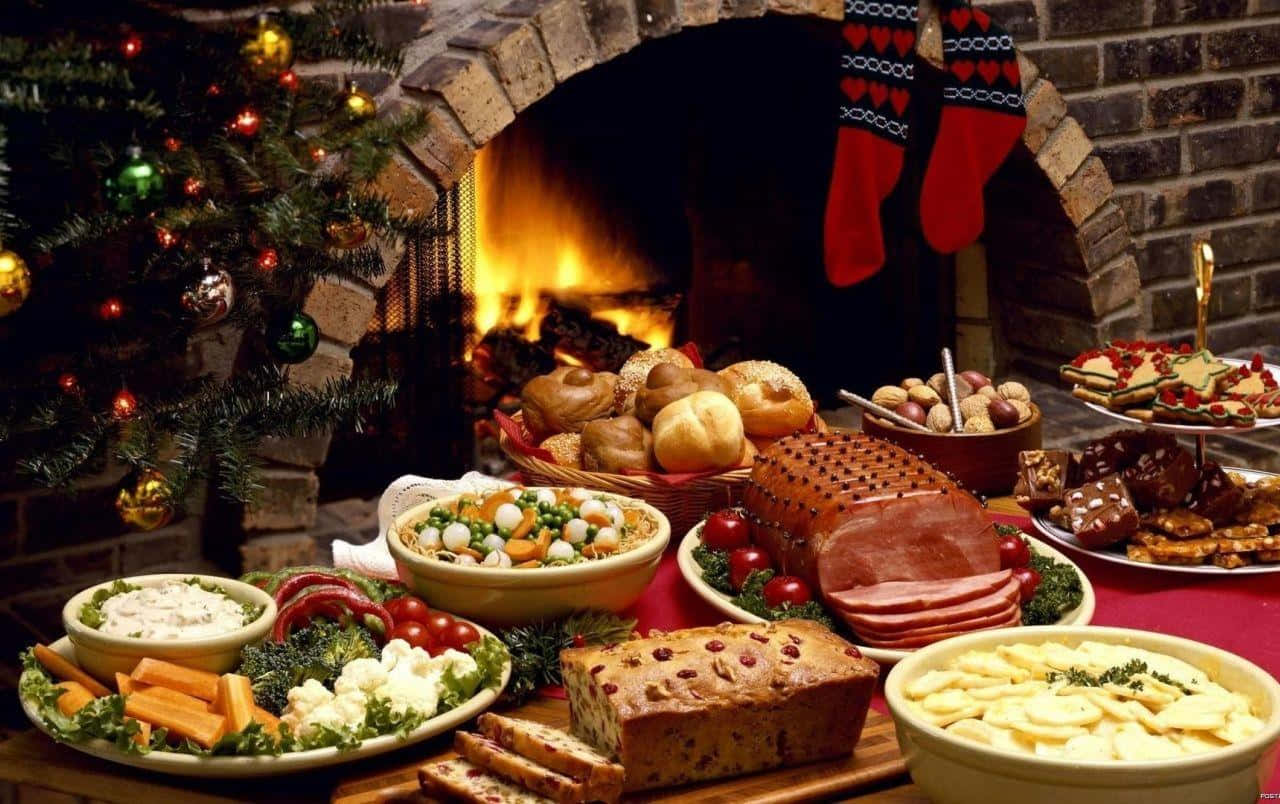 Christmas feast, roasted meats, breads, HD Desktop Wallpaper