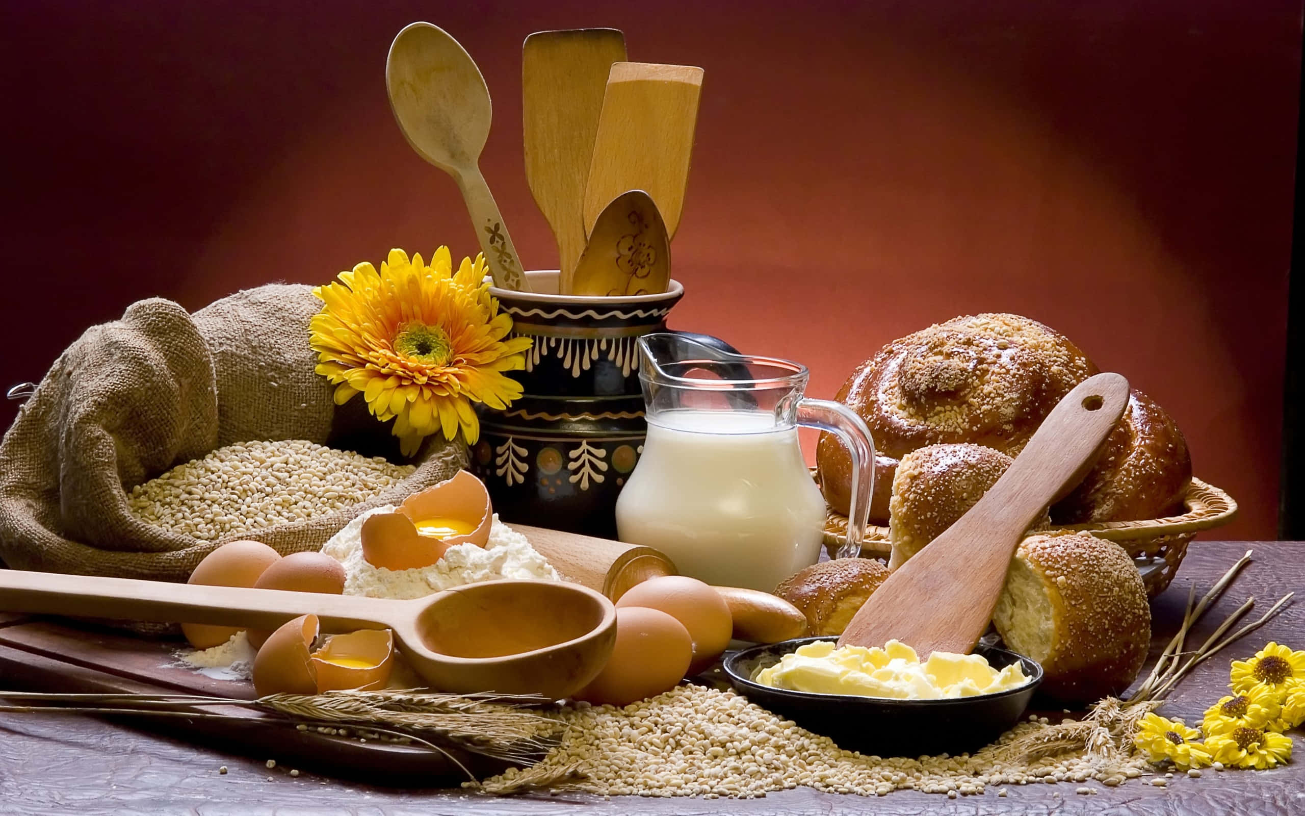 Food Table, pastries, wooden spoons, 2K Desktop Wallpaper