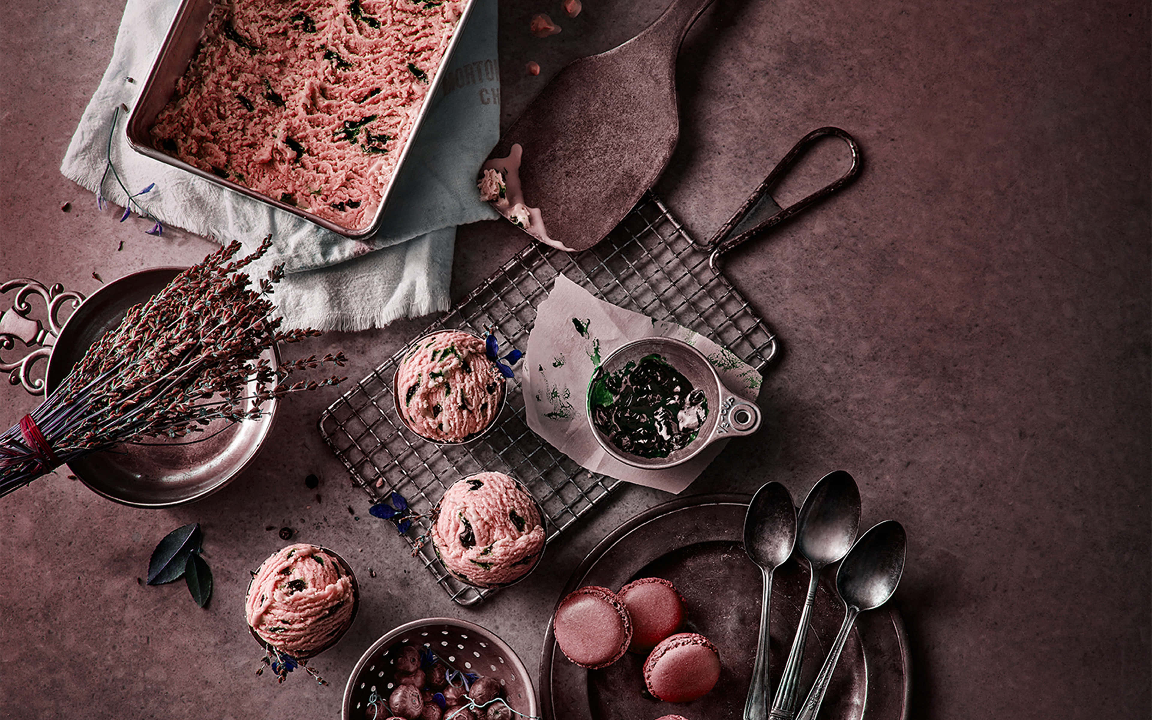 Food Table, lavender-infused pink desserts, dusty mauve surface, 4K Desktop Wallpaper