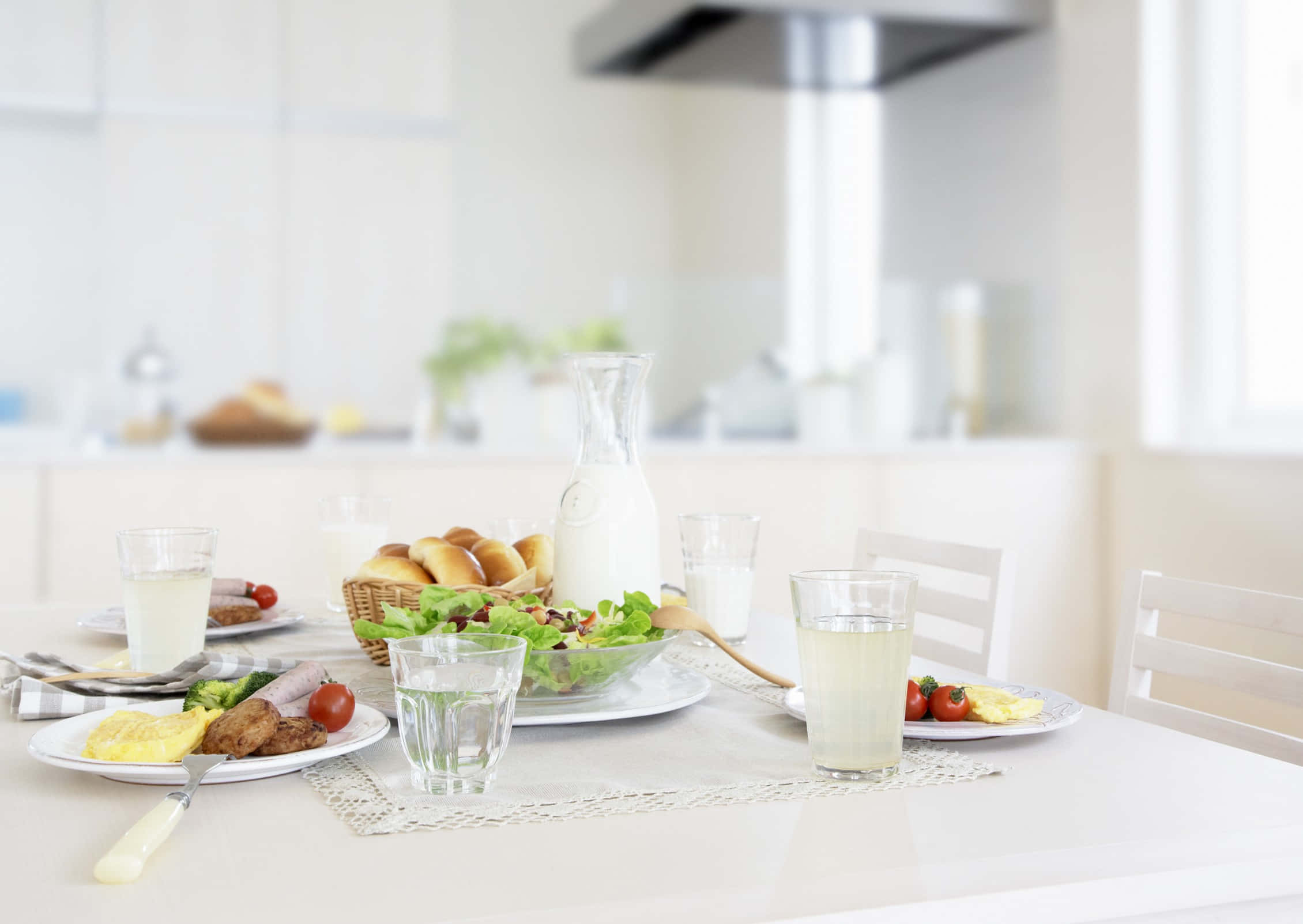 Breakfast Food Table, white kitchen table, fresh breakfast food, Full HD Desktop Wallpaper