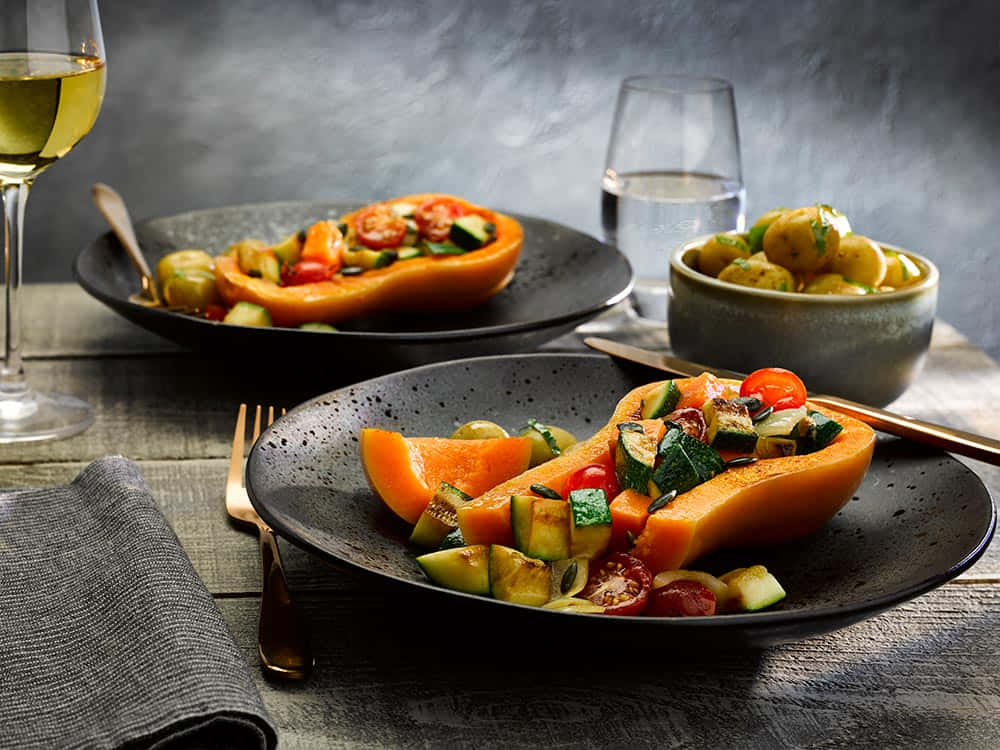 Food Table, roasted pumpkin halves, colorful grilled vegetables, SD Desktop Wallpaper