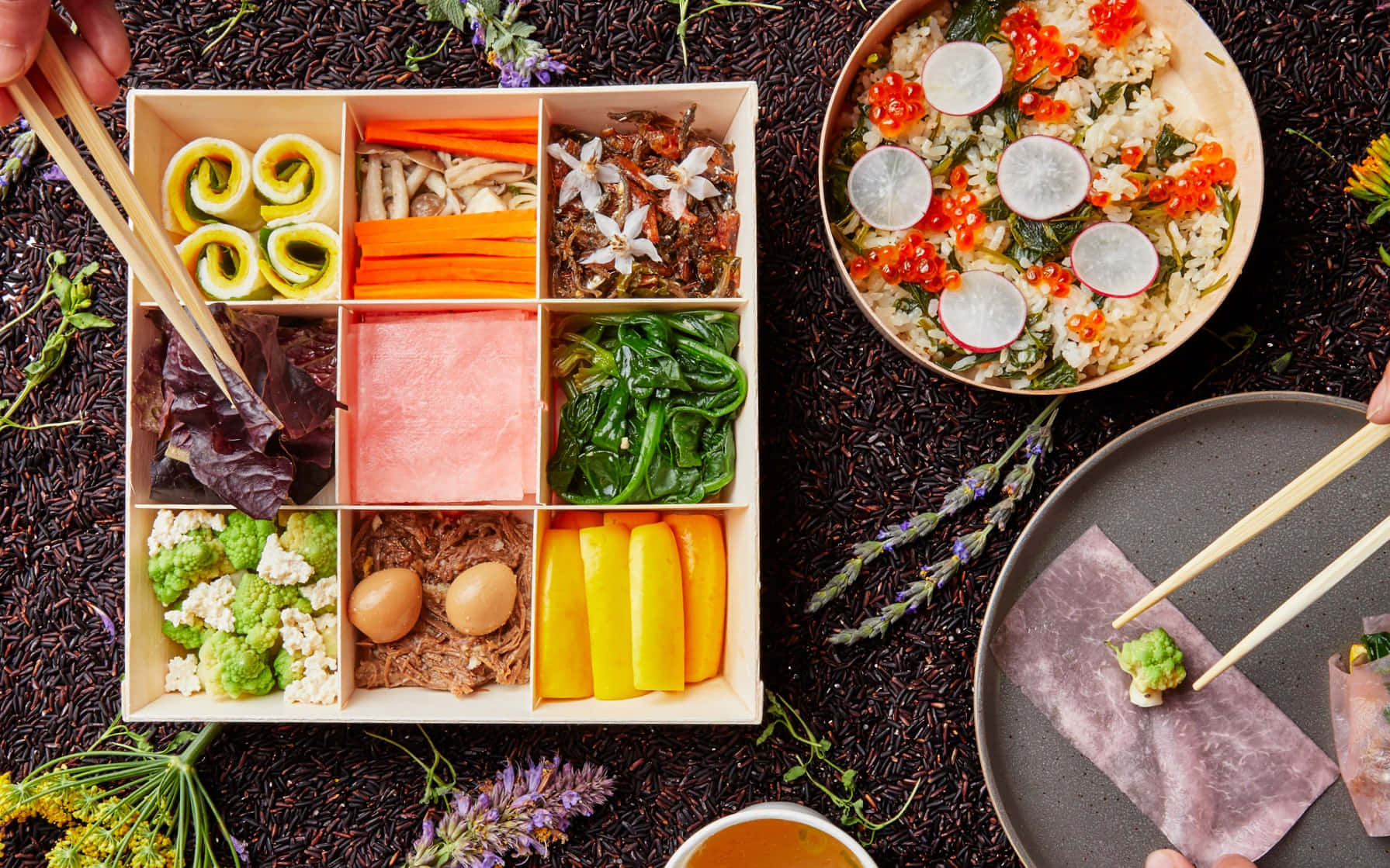 Food Table, bento box, sushi rolls, HD Desktop Wallpaper