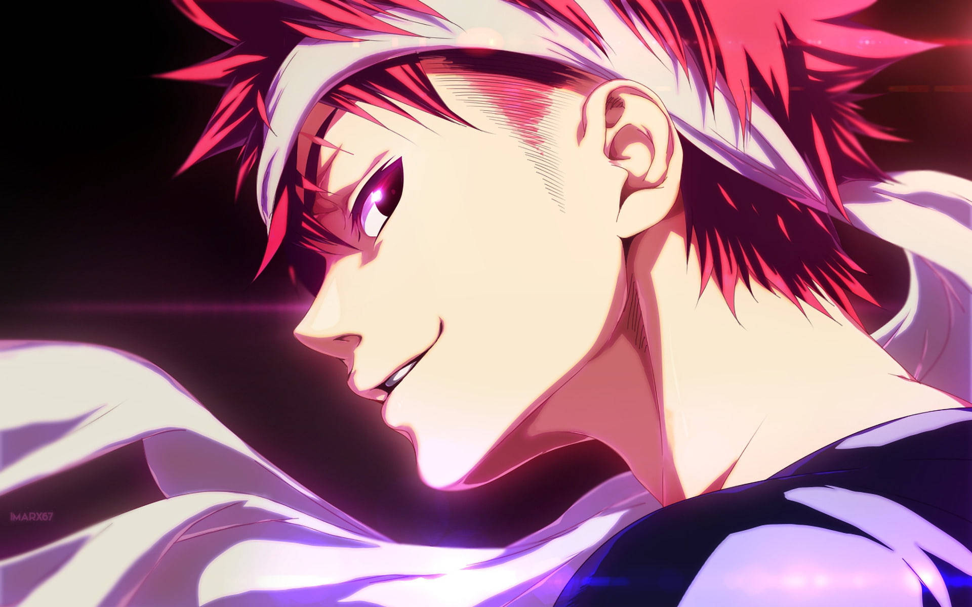 Food Wars Shokugeki no Soma, spiky red and white hair, glowing purple eyes, Full HD Desktop Wallpaper
