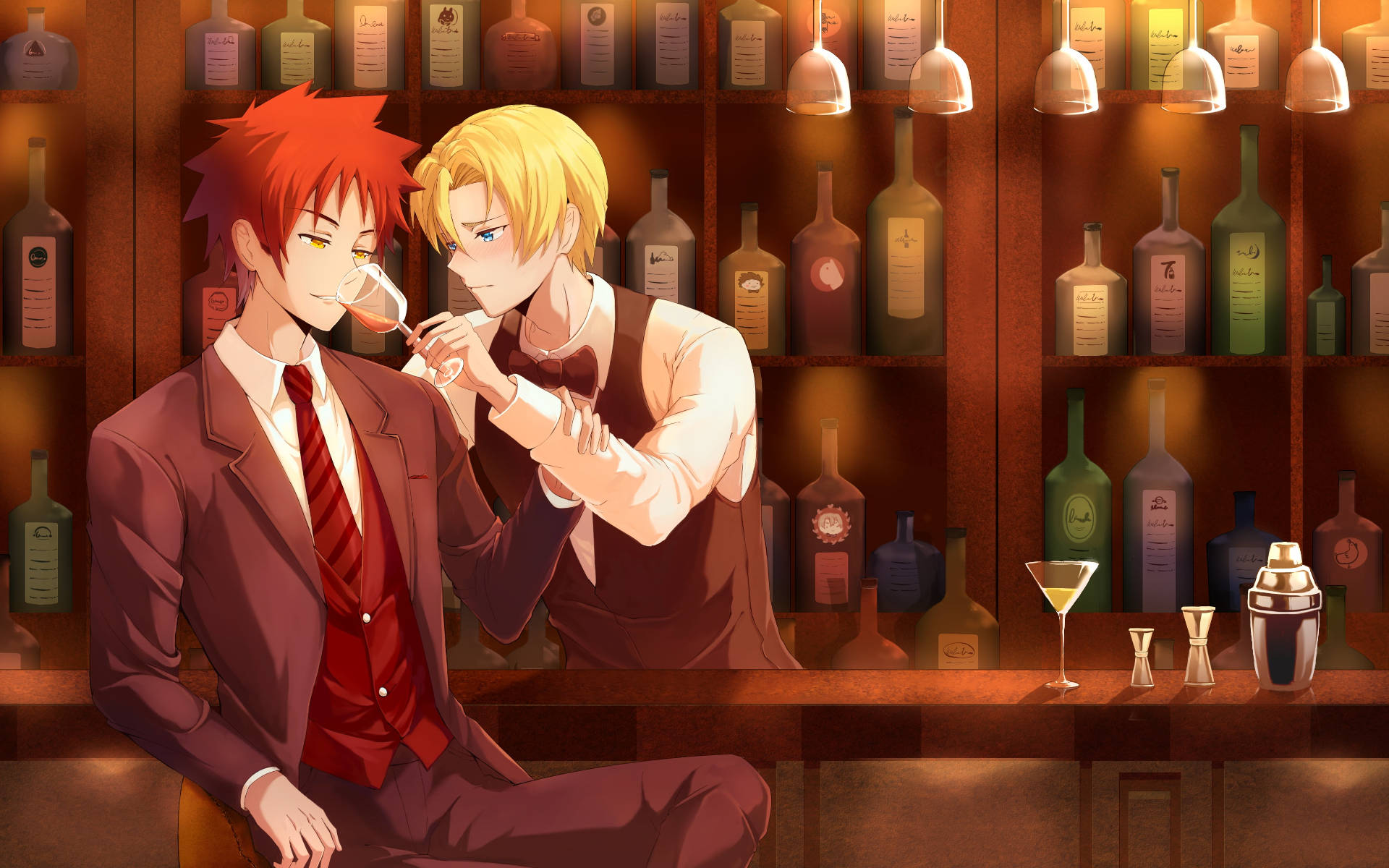 Food Wars Shokugeki no Soma, liquor bar, two anime men, Full HD Desktop Wallpaper