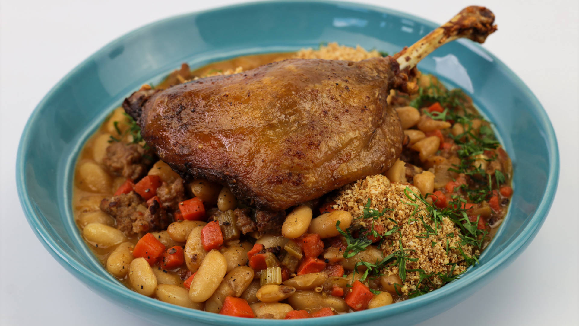 white bean cassoulet, duck confit, golden roasted duck leg, Full HD Desktop Wallpaper