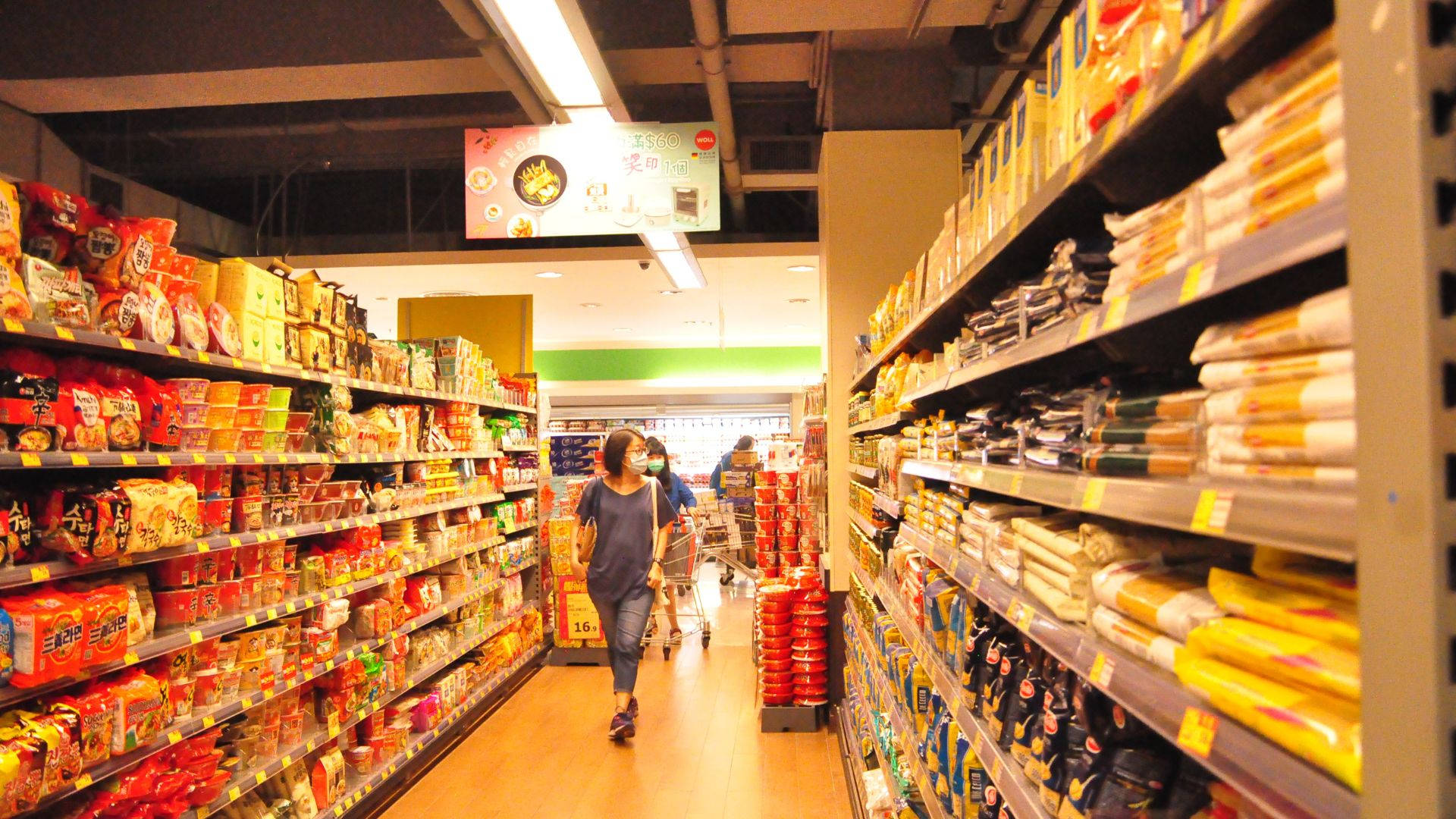 supermarket aisle, colorful snack packages, fluorescent lights, Full HD Desktop Wallpaper