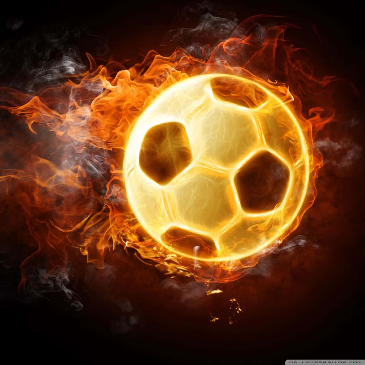 Football Galaxy, glowing soccer ball, vibrant orange flames, HD Desktop Wallpaper