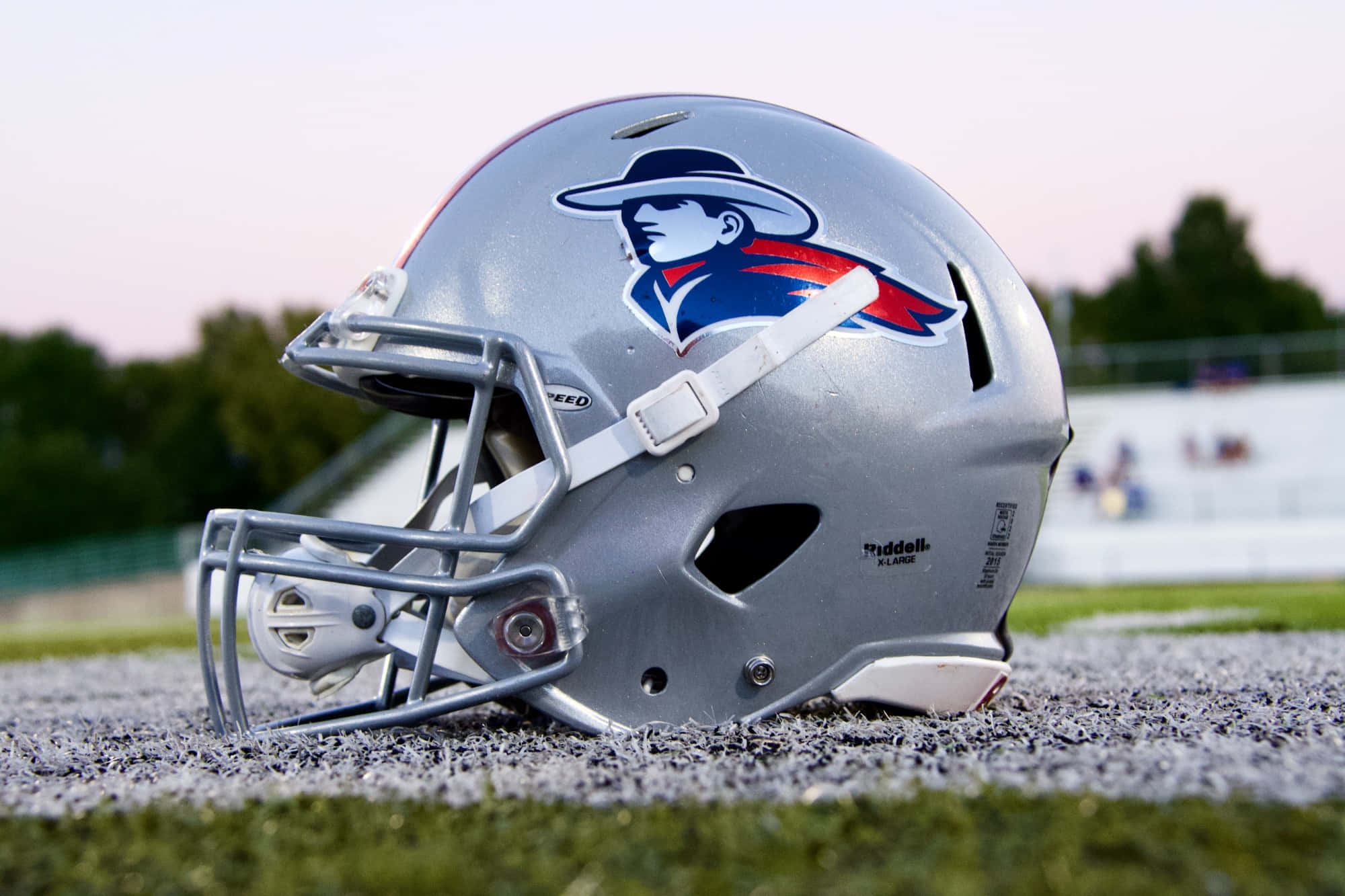 silver football helmet, blue and red mascot logo, artificial turf, Full HD Desktop Wallpaper