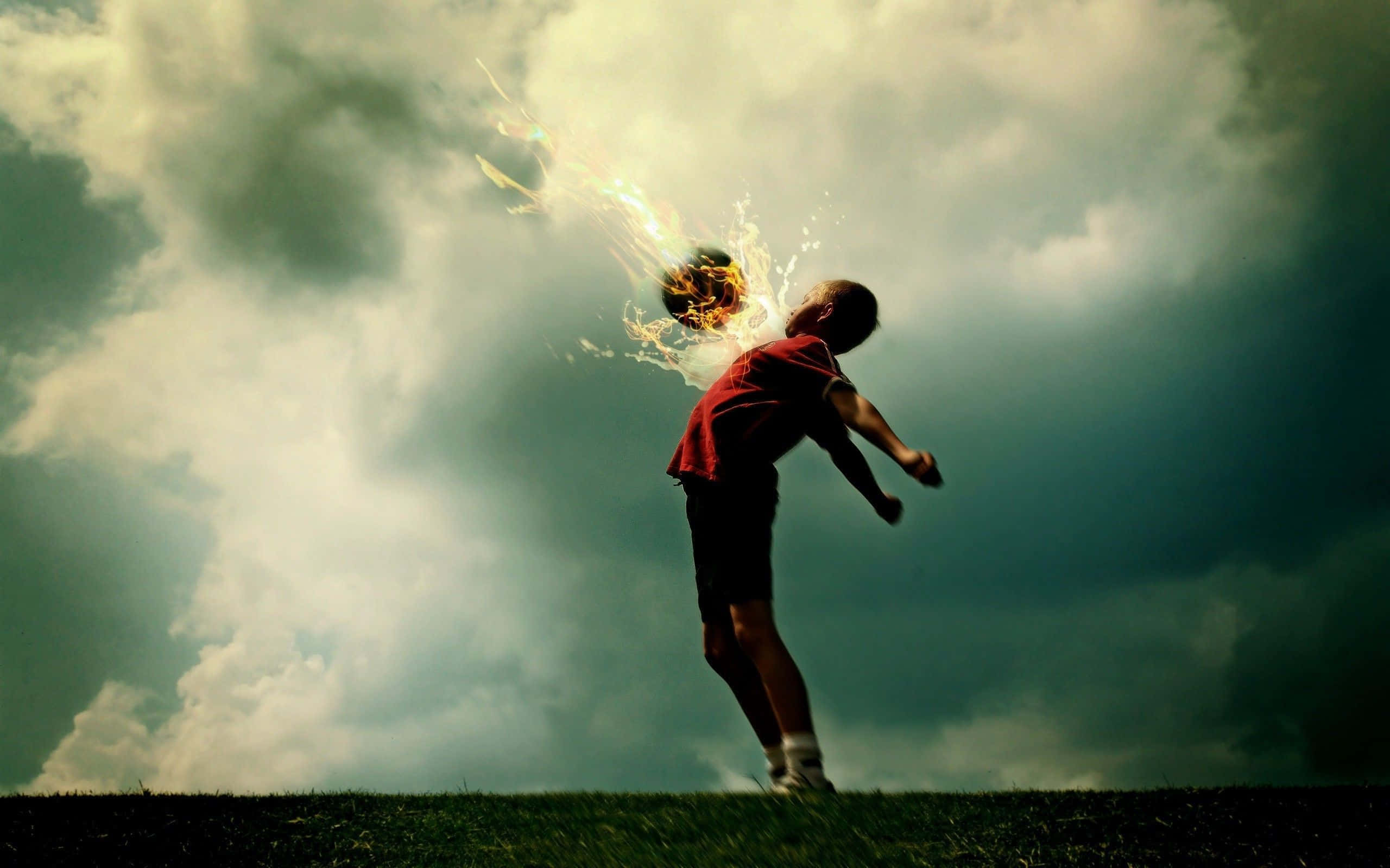 Football On Fire, red shirt, soccer ball, 2K Desktop Wallpaper