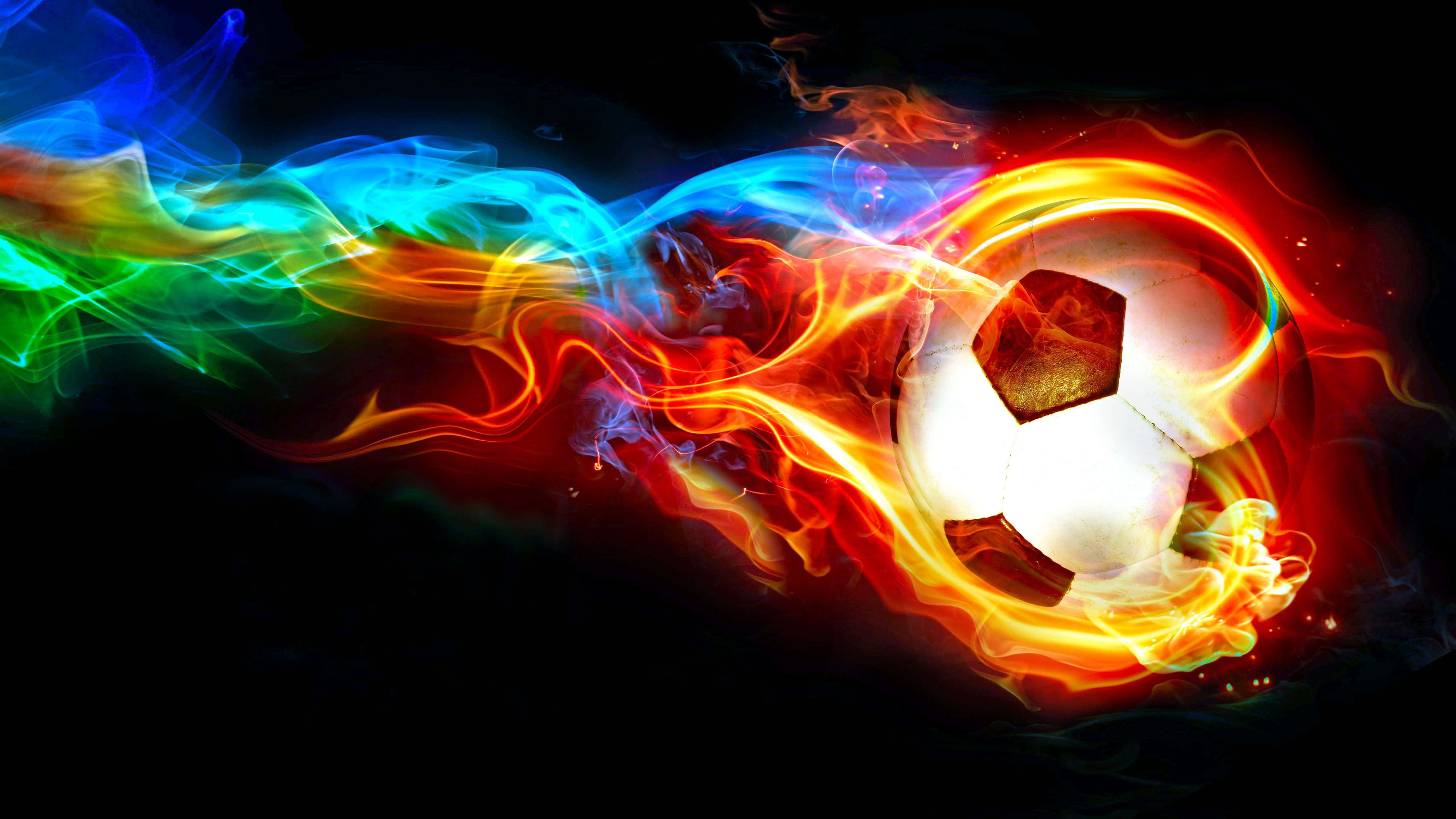 Football On Fire, rainbow flames, black background, 5K Desktop Wallpaper