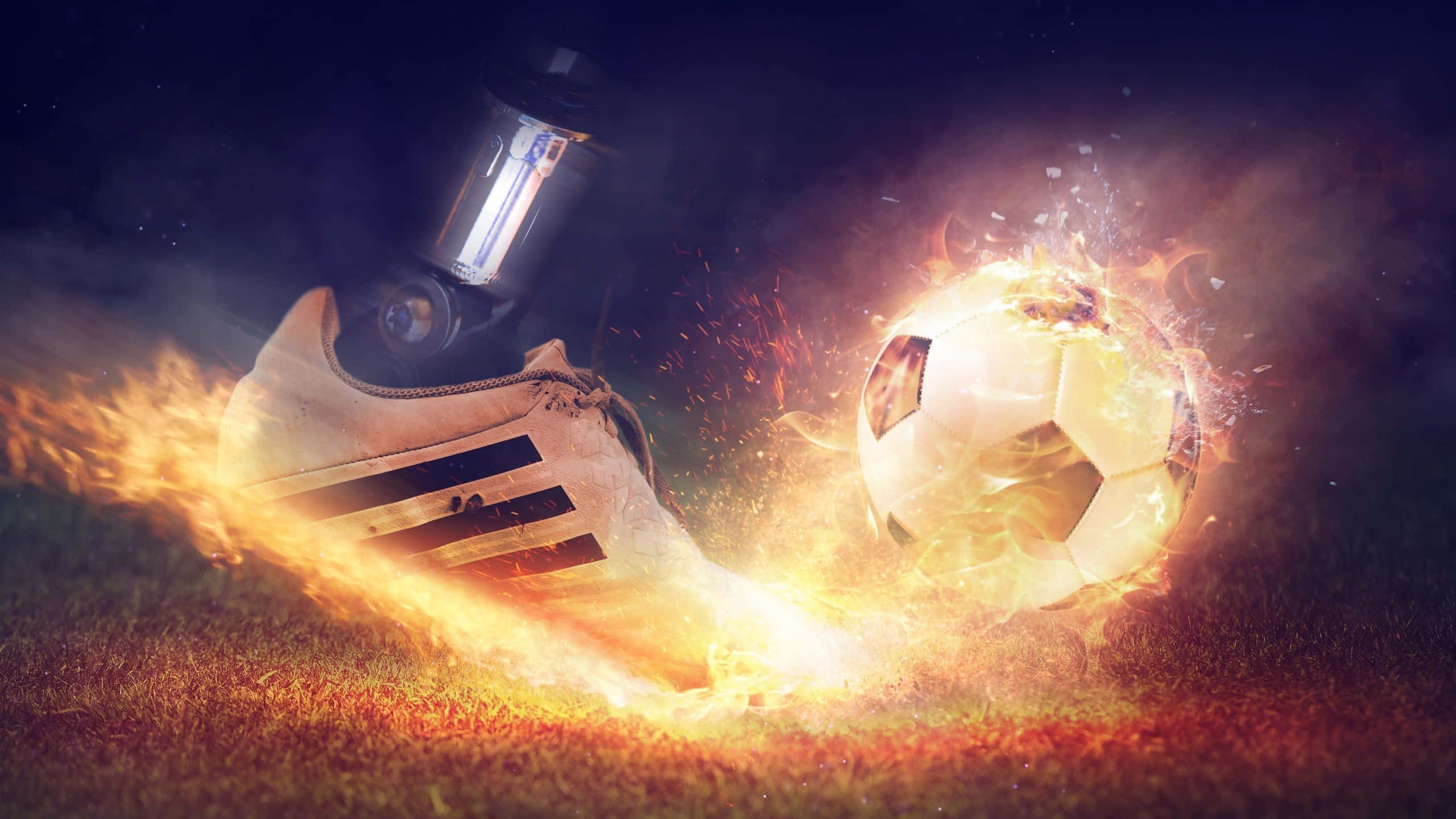 Football On Fire, flaming soccer boot, fireball soccer ball, 2K Desktop Wallpaper