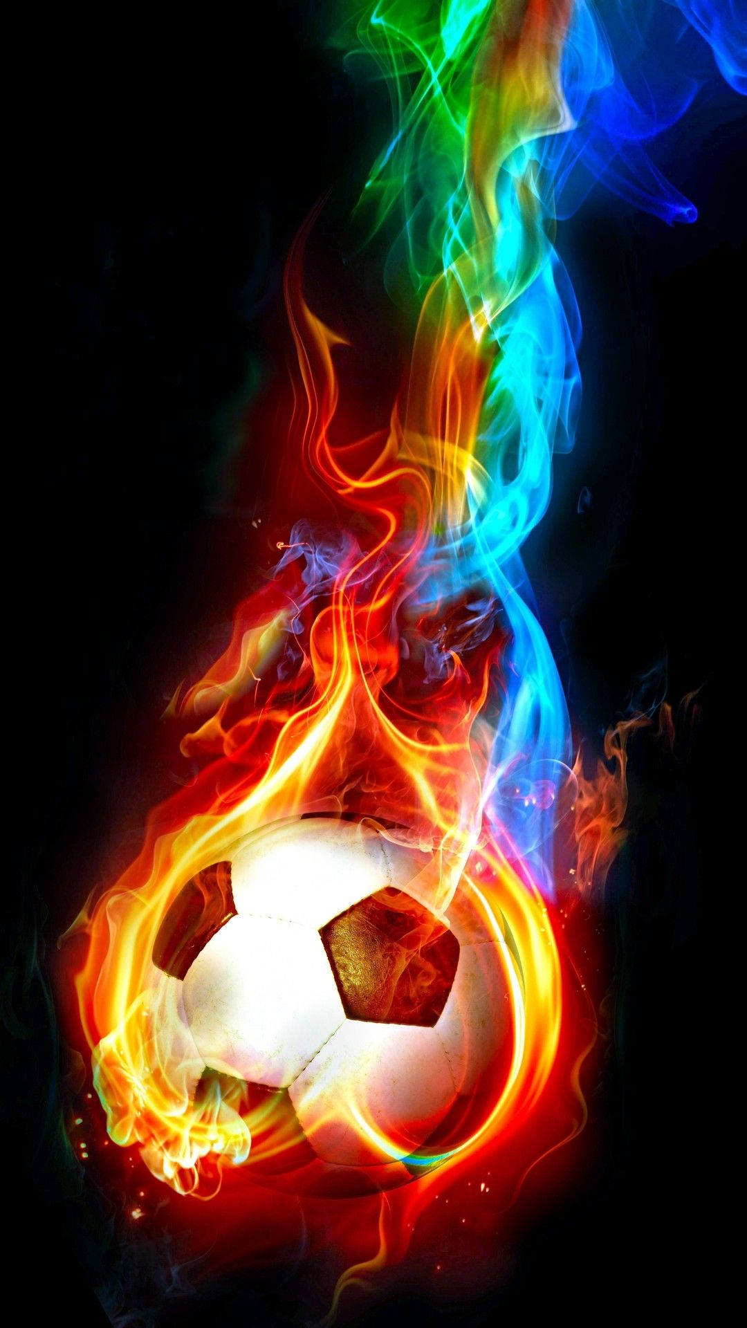 soccer ball, vibrant rainbow flames, black background, Full HD Phone Wallpaper