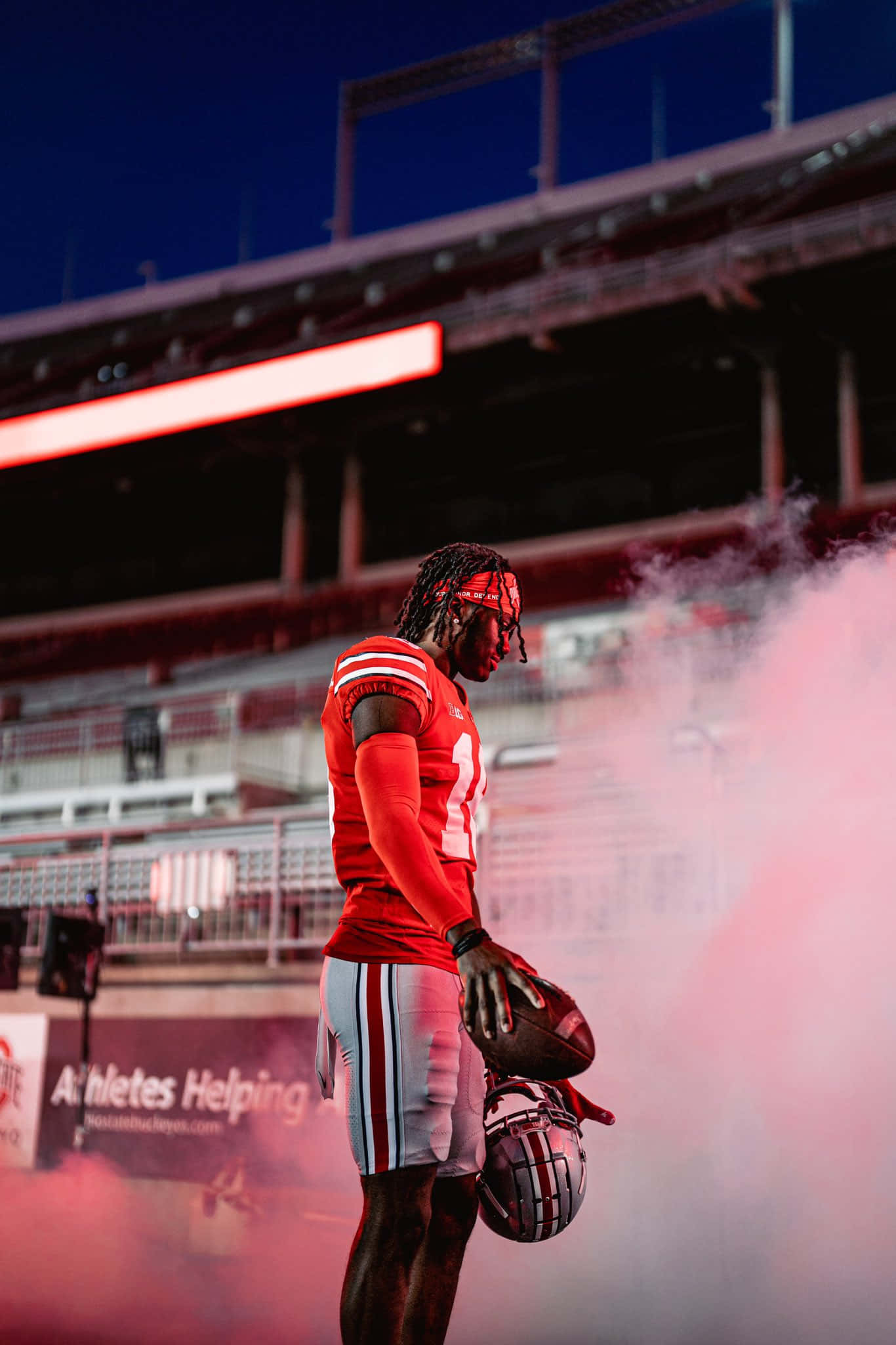 football player, red uniform, pink smoke, Full HD Phone Wallpaper