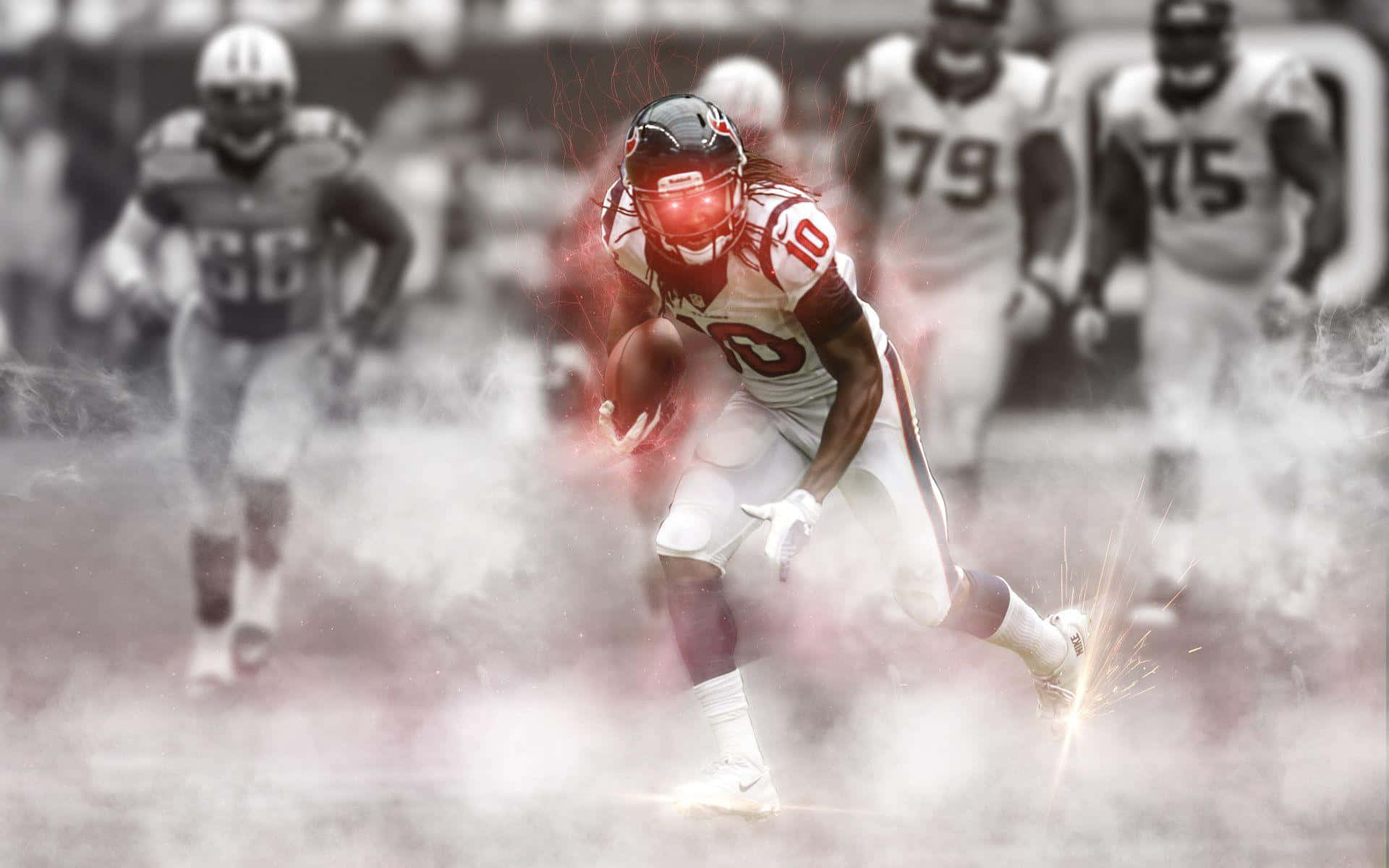 football player, white uniform, glowing red energy effects, Full HD Desktop Wallpaper