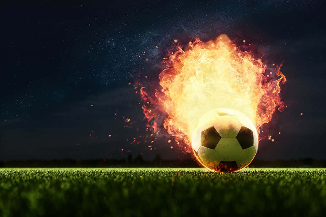 Football On Fire, flaming soccer ball, vibrant green grass, HD Desktop Wallpaper
