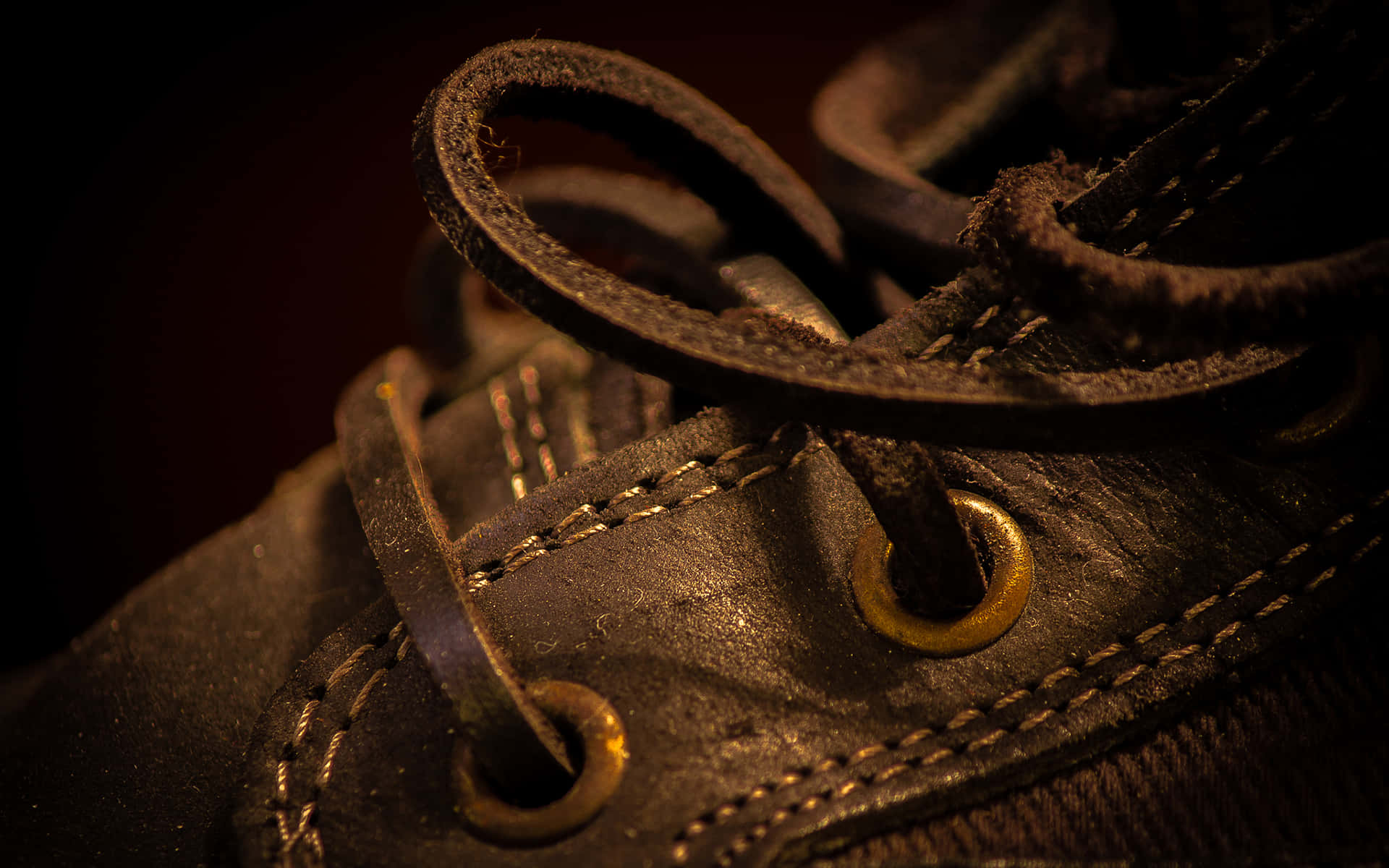 worn leather shoe, frayed laces, golden eyelets, Full HD Desktop Wallpaper
