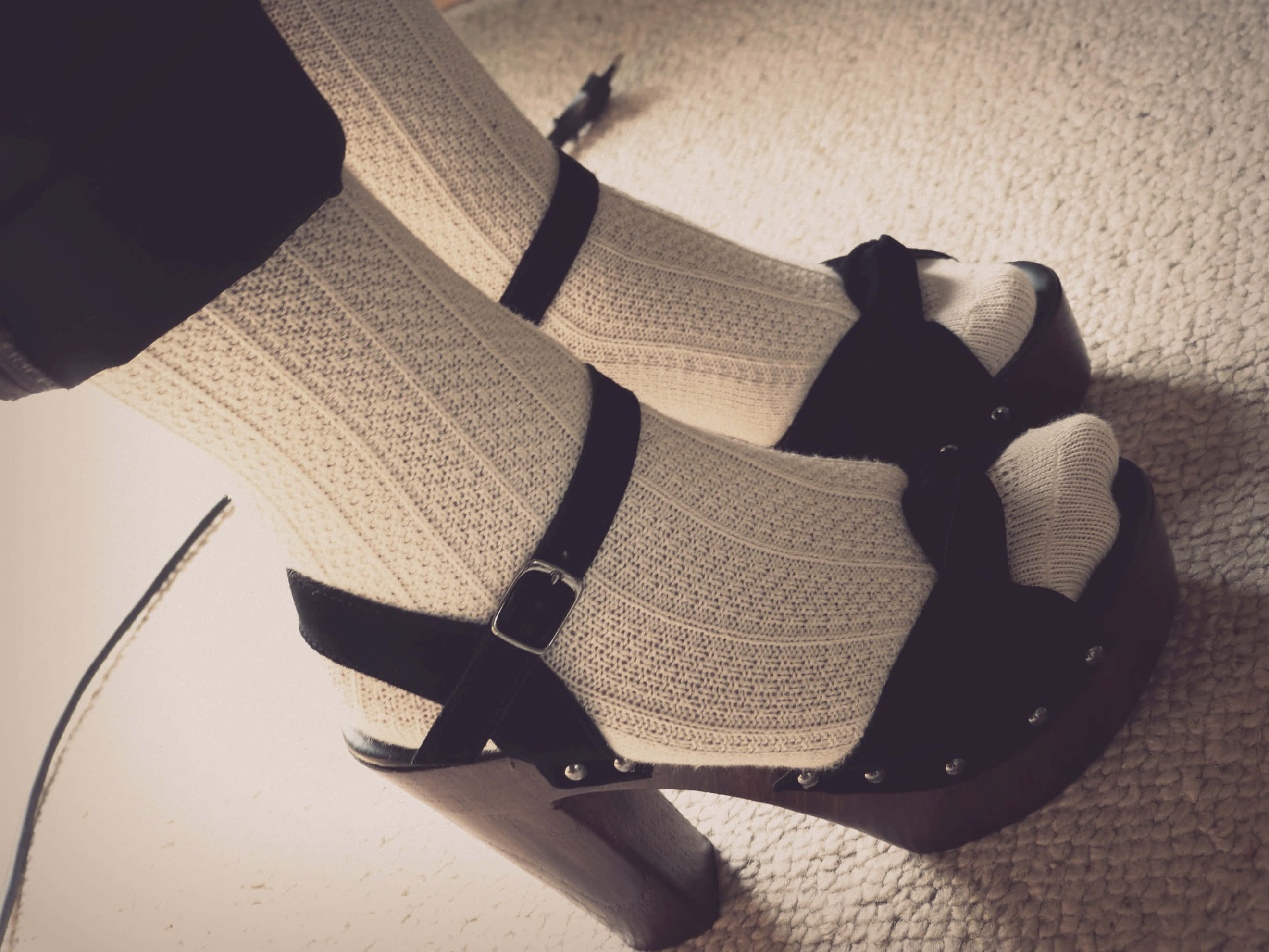 chunky black platform sandals, cream ribbed socks, textured carpet, 2K Desktop Wallpaper