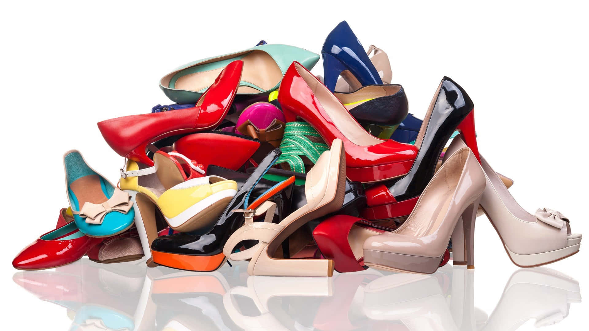 glossy high-heeled shoes, assorted bold colors, reflective white surface, Full HD Desktop Wallpaper