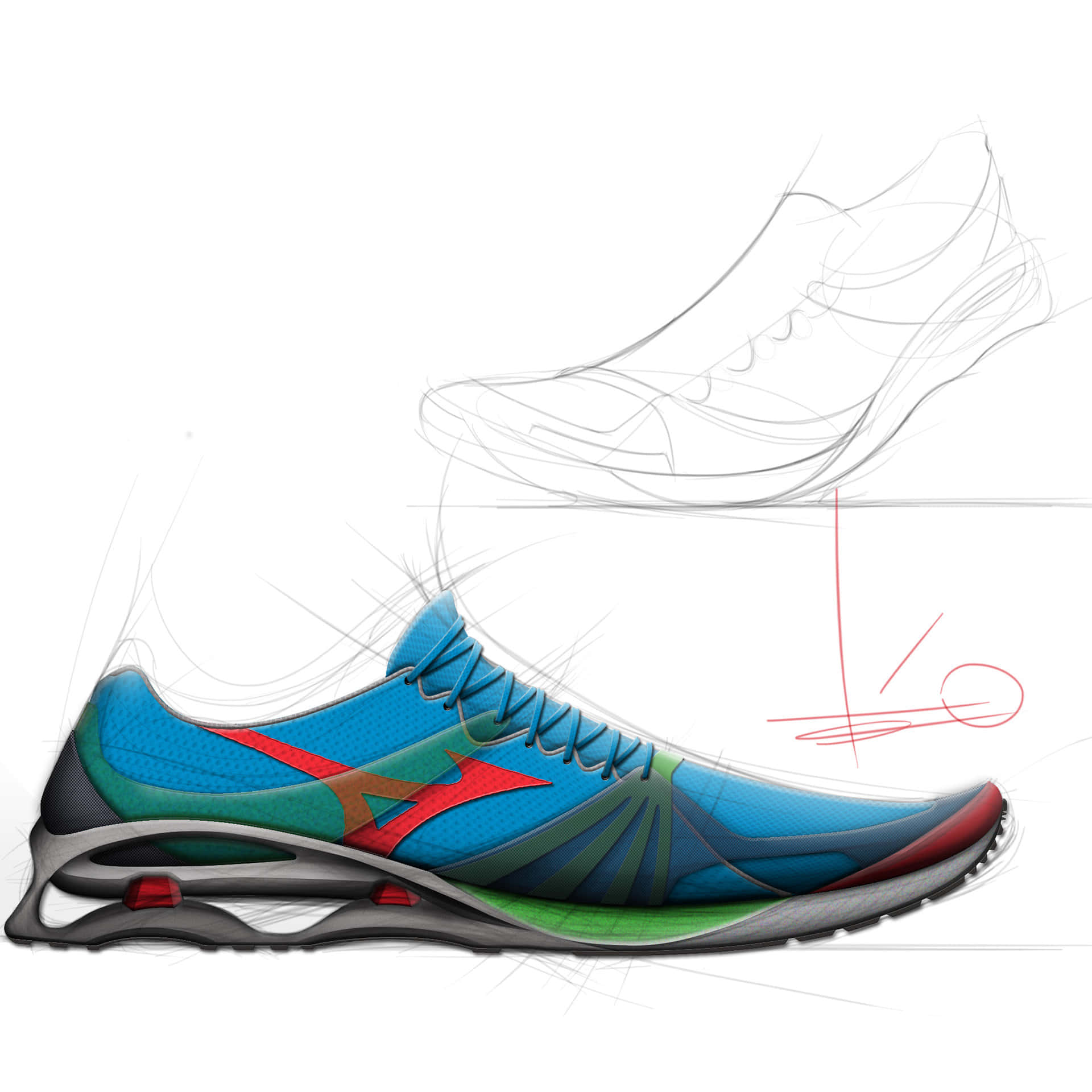 vibrant blue running shoe, red green accents, sketch lines, Full HD Desktop Wallpaper
