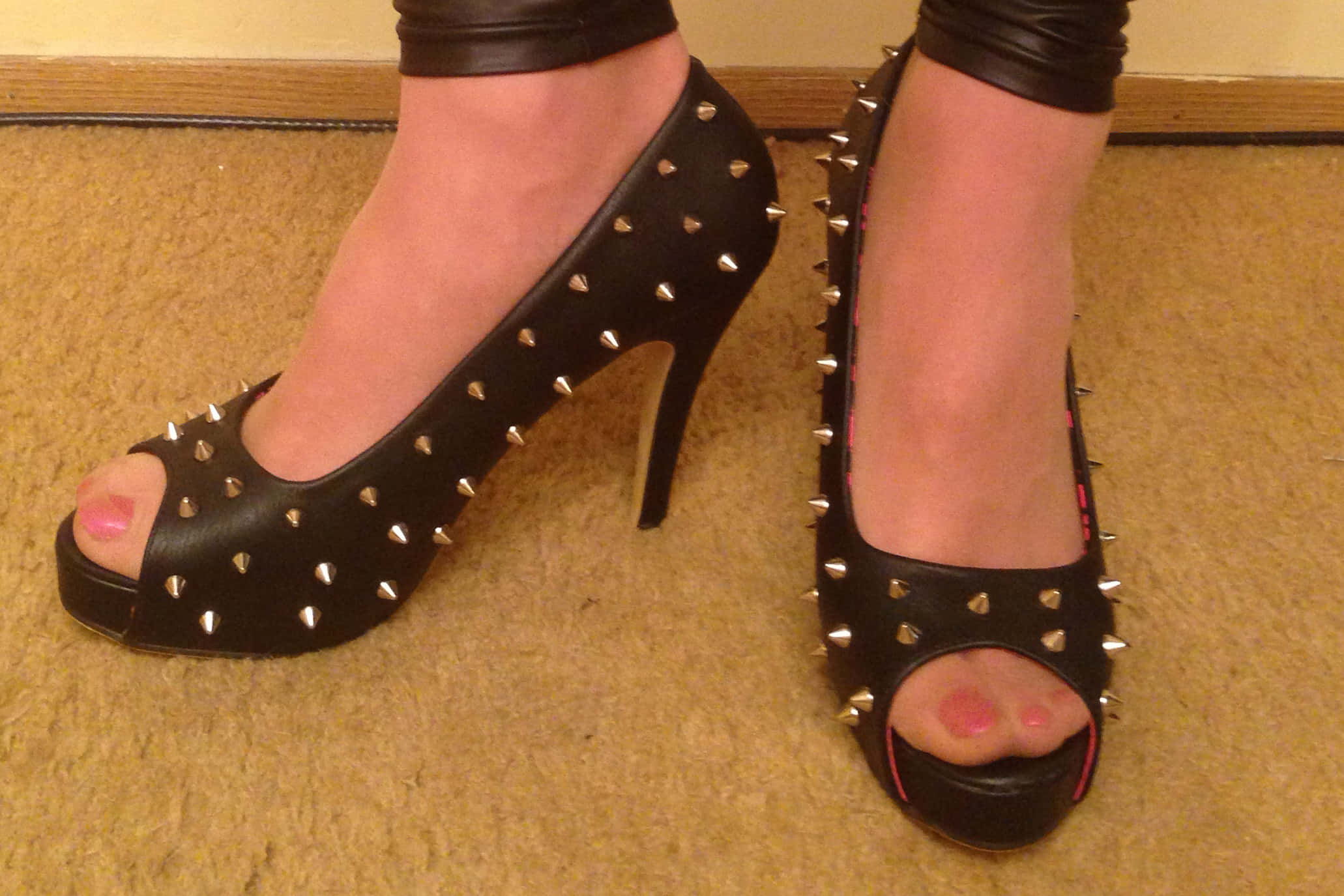 Footwear Design, black studded peep-toe high heels, pink toenails, Full HD Desktop Wallpaper