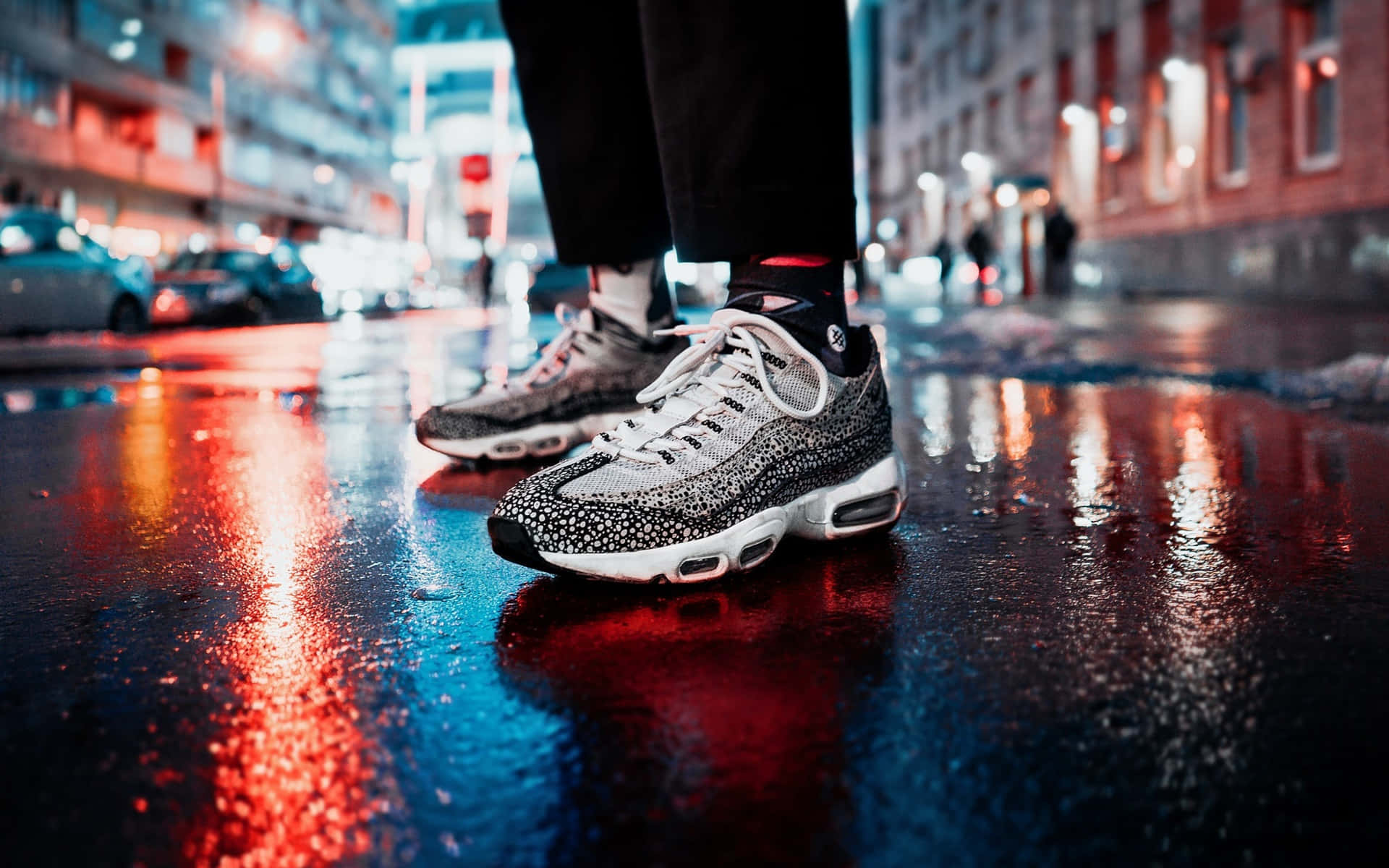 speckled sneakers, wet city street, neon lights, Full HD Desktop Wallpaper