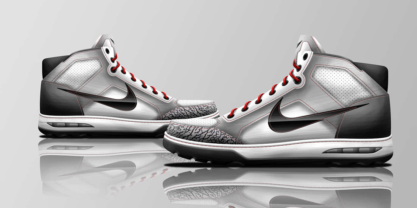 shiny silver high-top sneakers, red laces, elephant print soles, HD Desktop Wallpaper