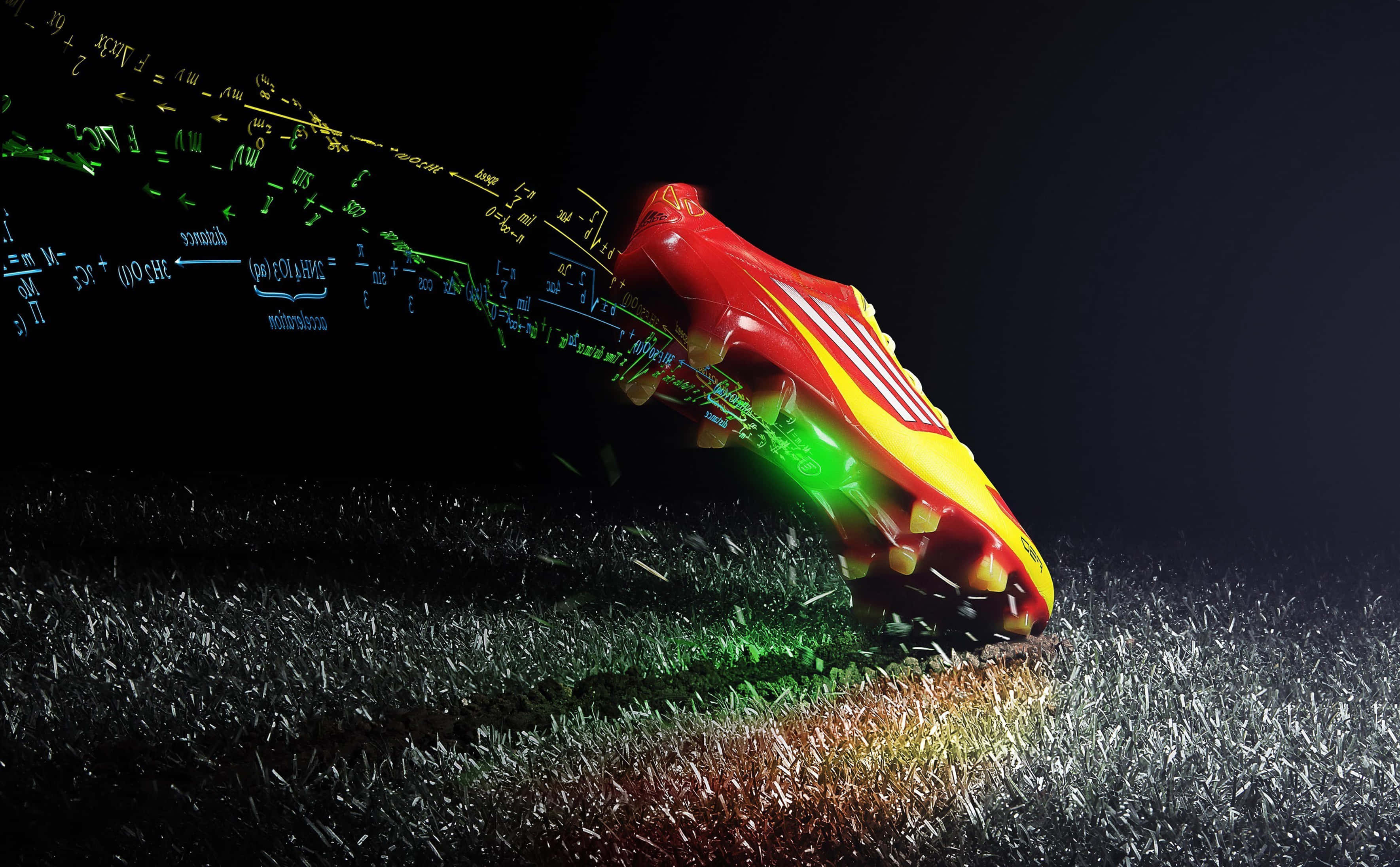 red and yellow soccer cleat, glowing green equations, sole, 2K Desktop Wallpaper
