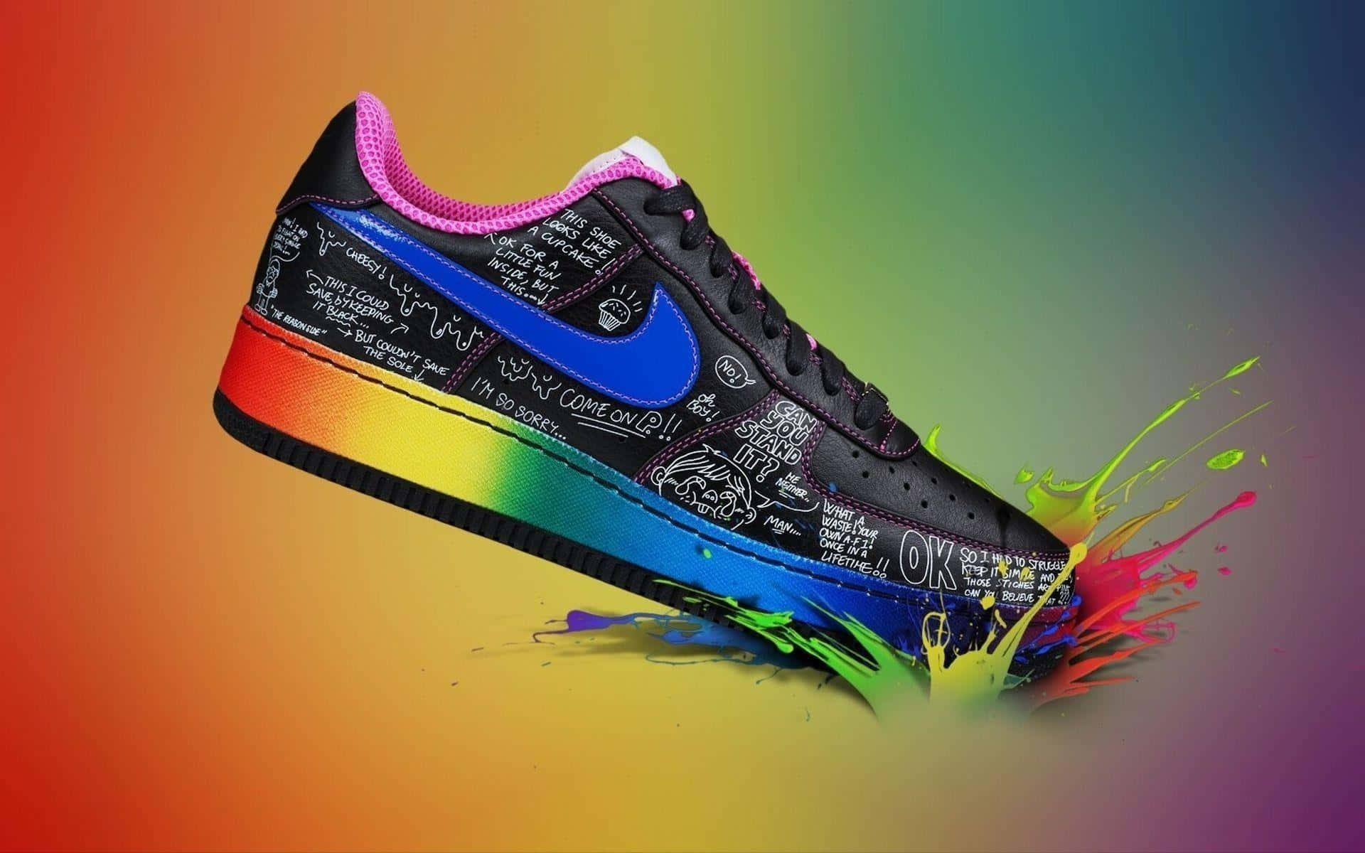 black sneaker, rainbow gradient sole, graffiti text, Full HD Desktop Wallpaper