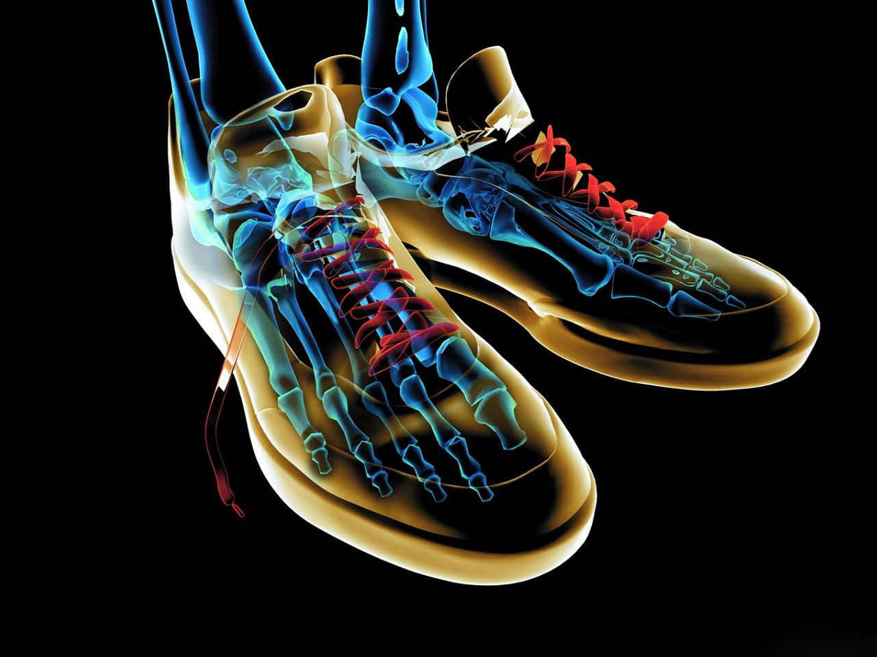 X-ray style sneakers, glowing blue foot bones, red laces, HD Desktop Wallpaper