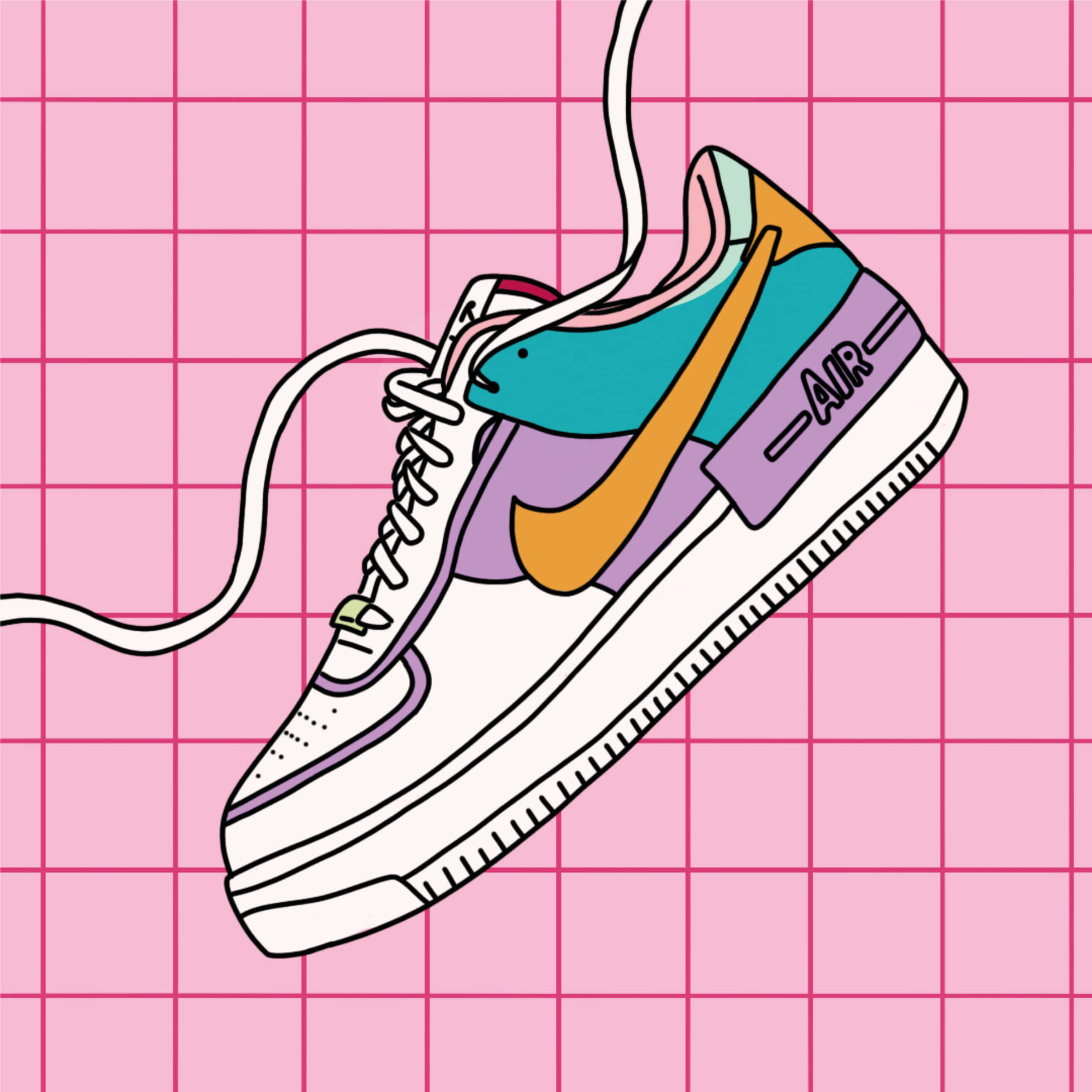 orange swoosh, purple accents, pink grid background, Full HD Desktop Wallpaper