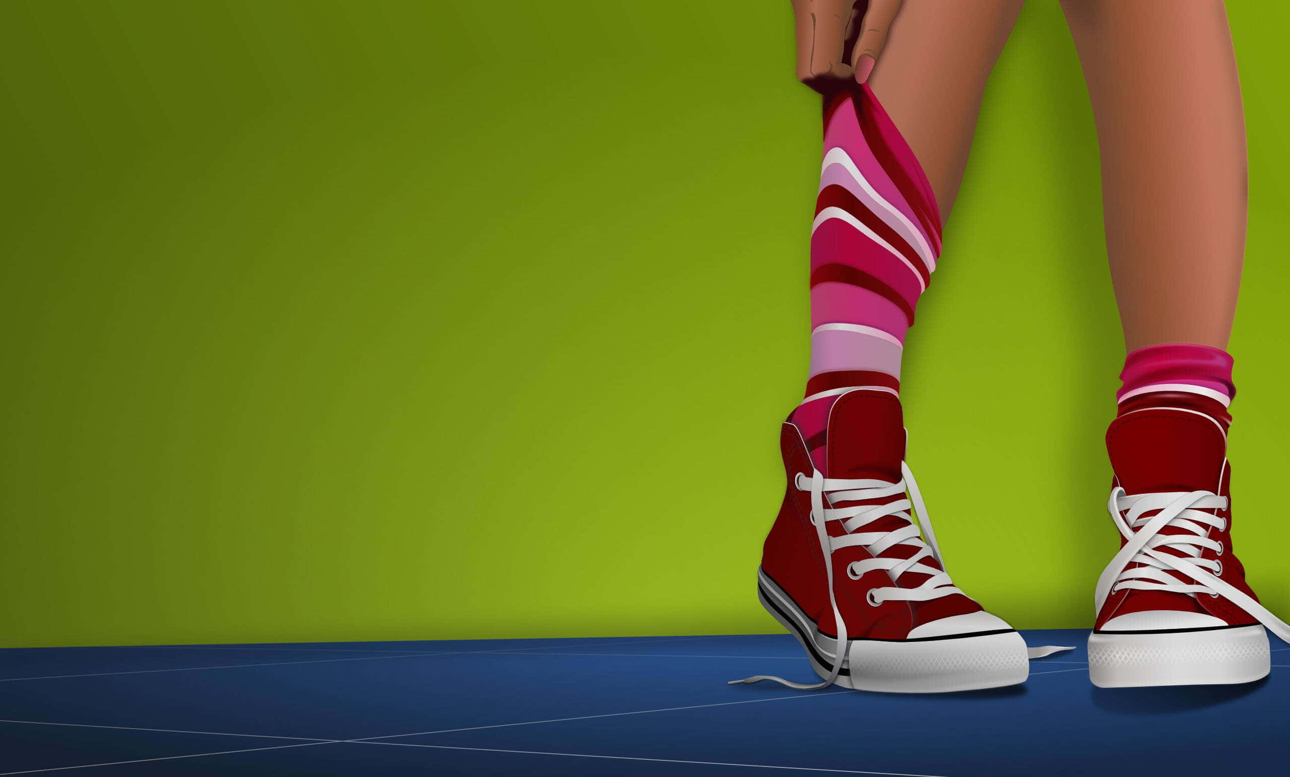 red high-top sneakers, vibrant pink striped socks, lime green wall, 2K Desktop Wallpaper