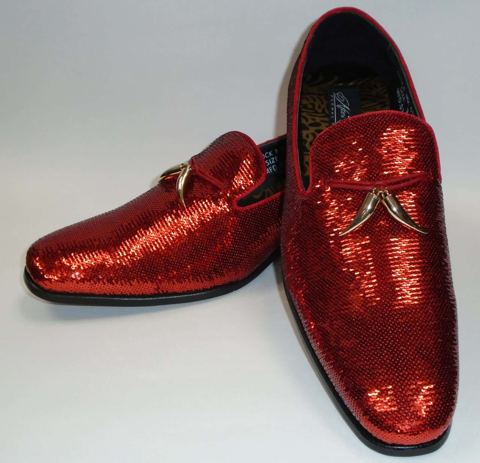 red high-heels, shiny red sequined loafers, gold horn-like tassels, HD Desktop Wallpaper