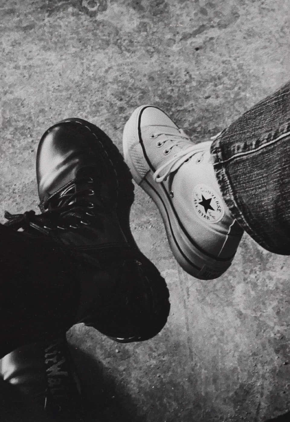black combat boot, white converse sneaker, textured concrete floor, HD Phone Wallpaper