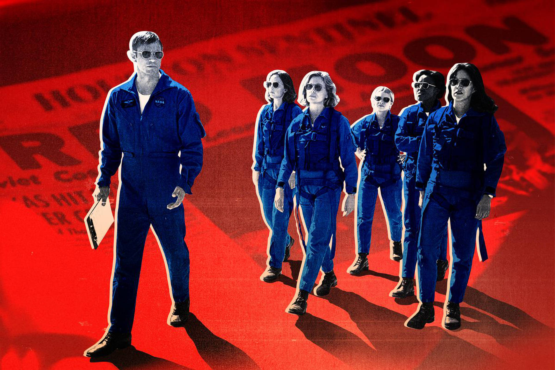For All Mankind, red background, blue flight suits, Full HD Desktop Wallpaper