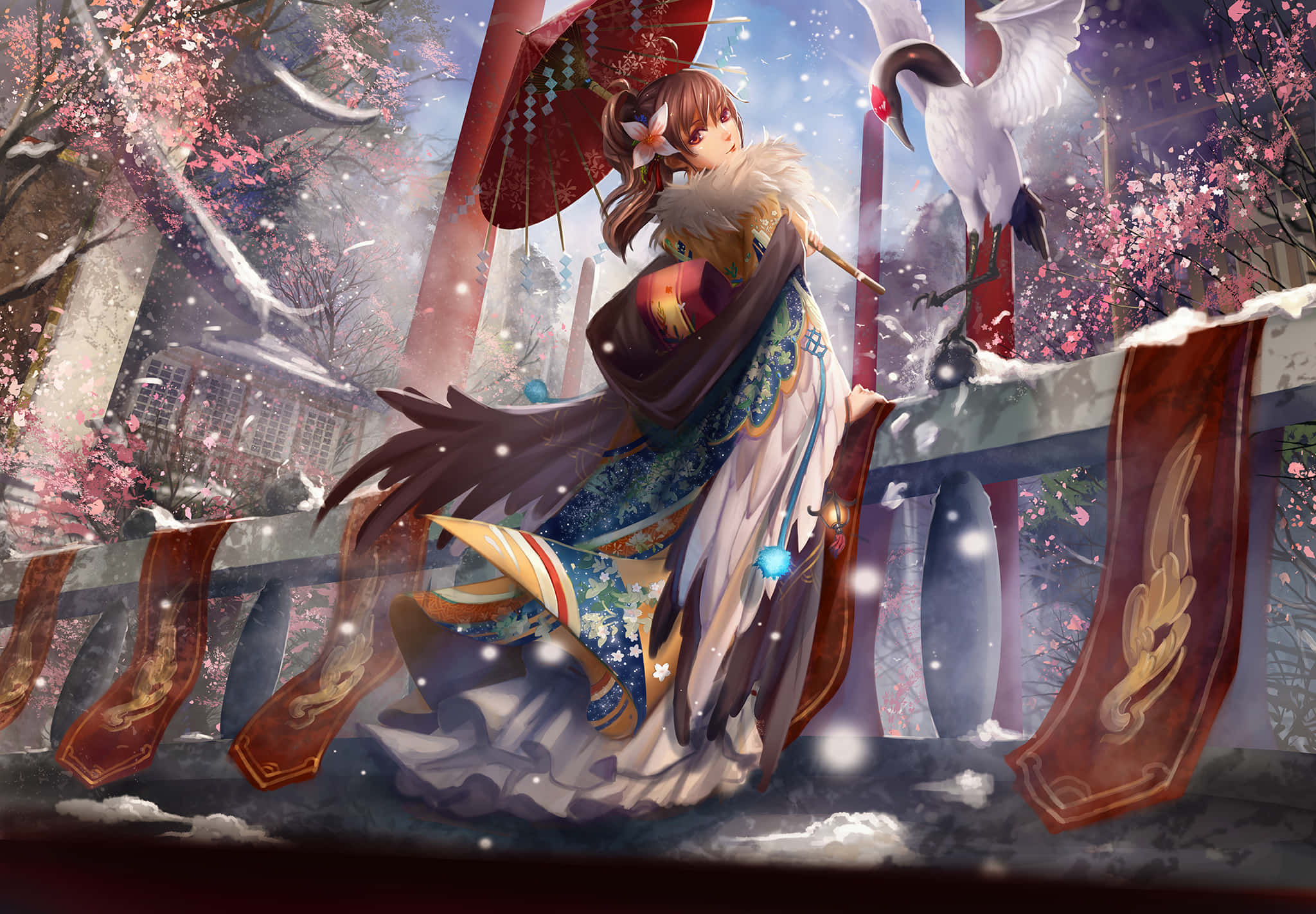 traditional anime girl, winter kimono, crane, Full HD Desktop Wallpaper