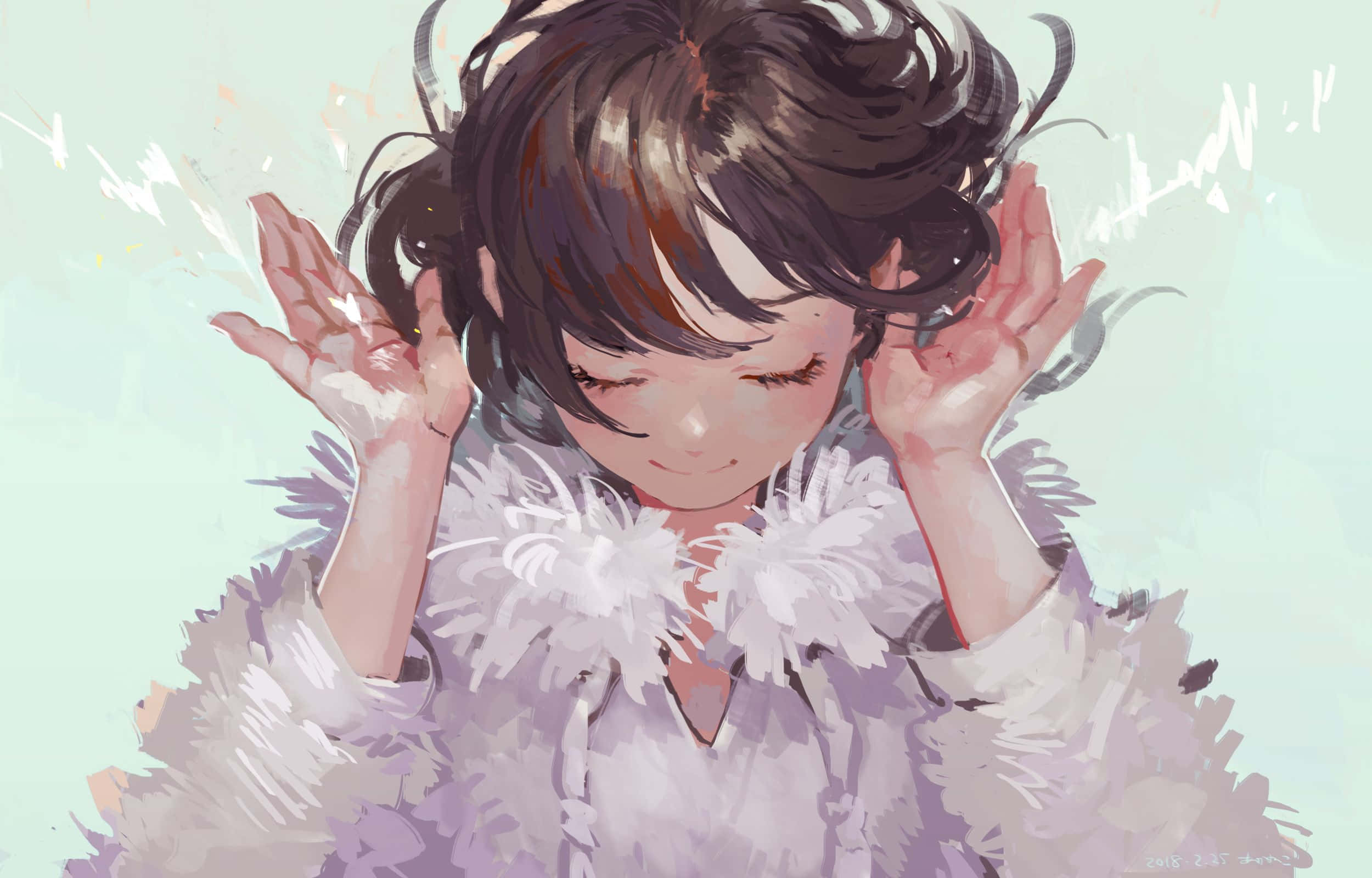 anime girl, dark hair, fluffy white coat, Full HD Desktop Wallpaper