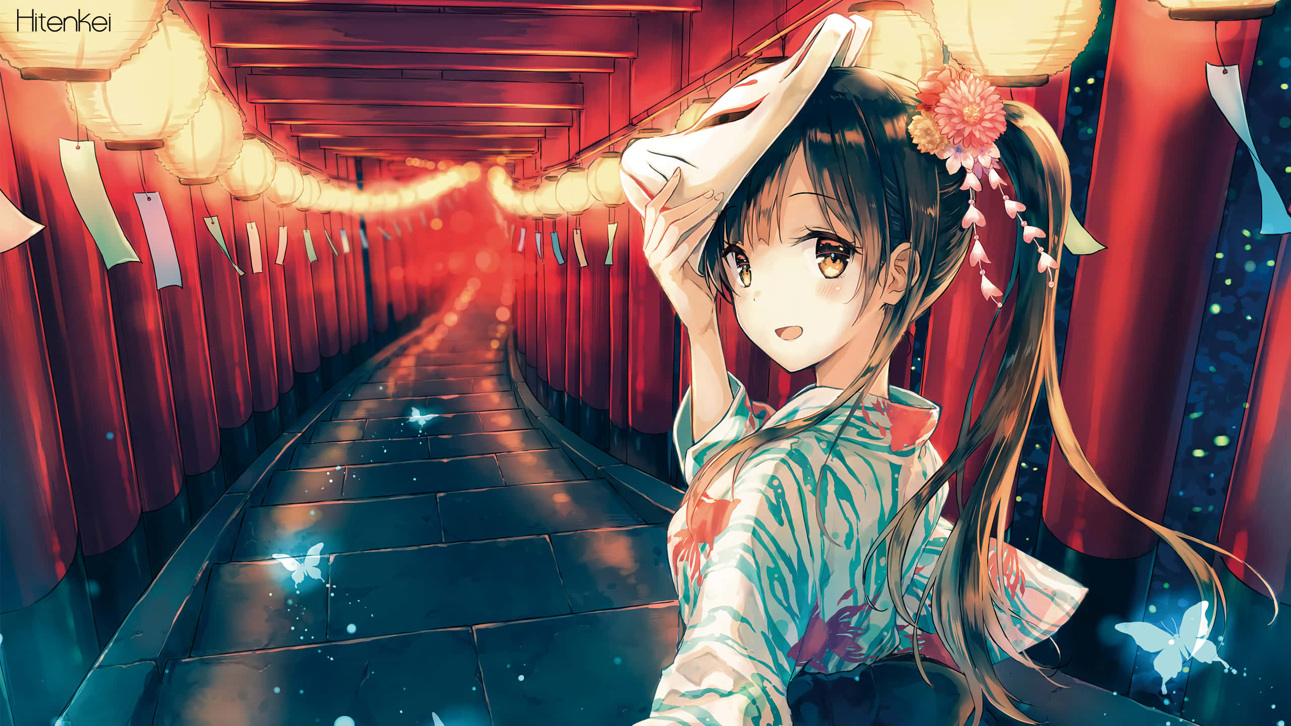 floral kimono, glowing red torii gate tunnel, floating butterflies, 2K Desktop Wallpaper