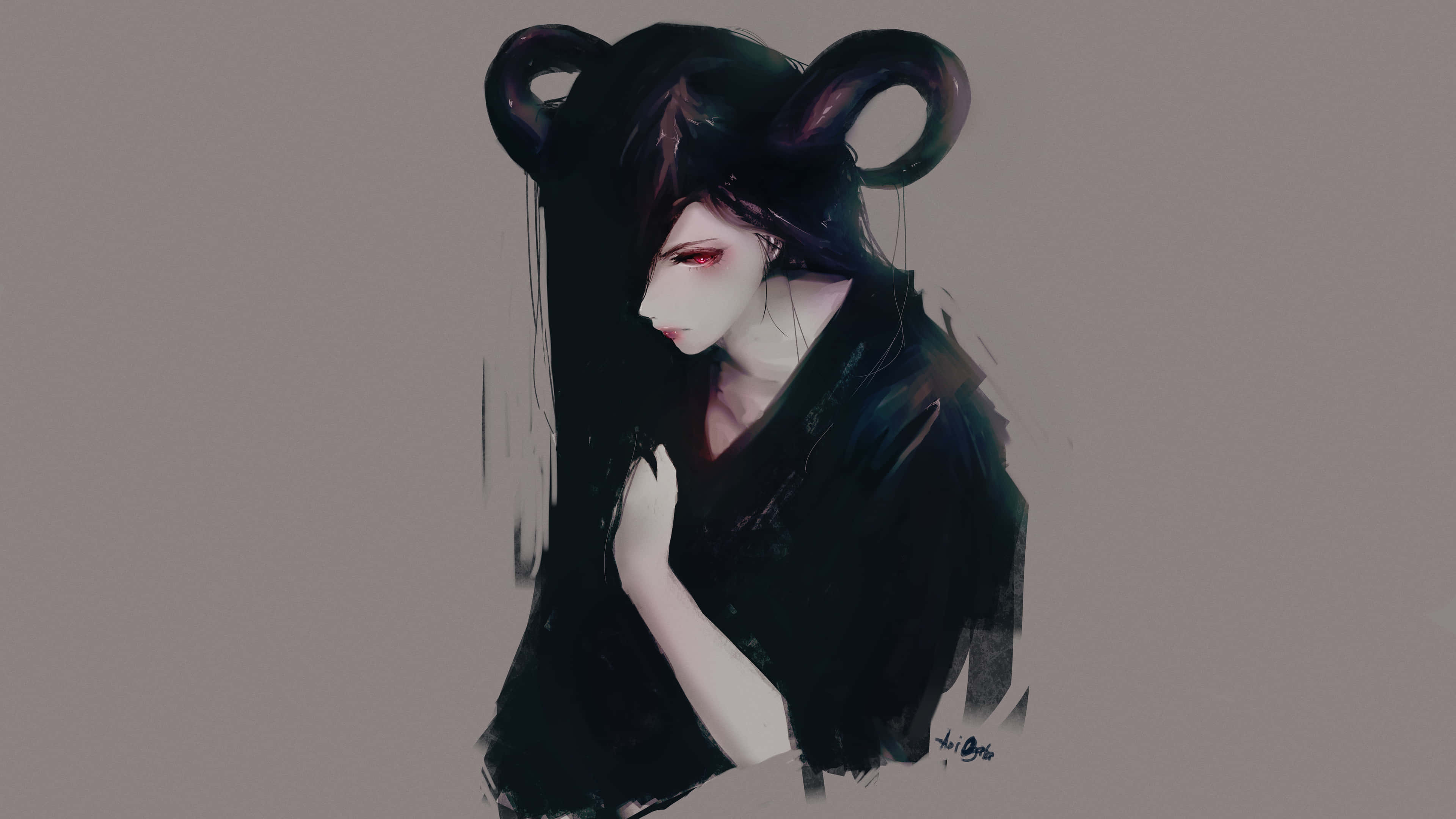 black-haired, horns, anime girl, 4K Desktop Wallpaper