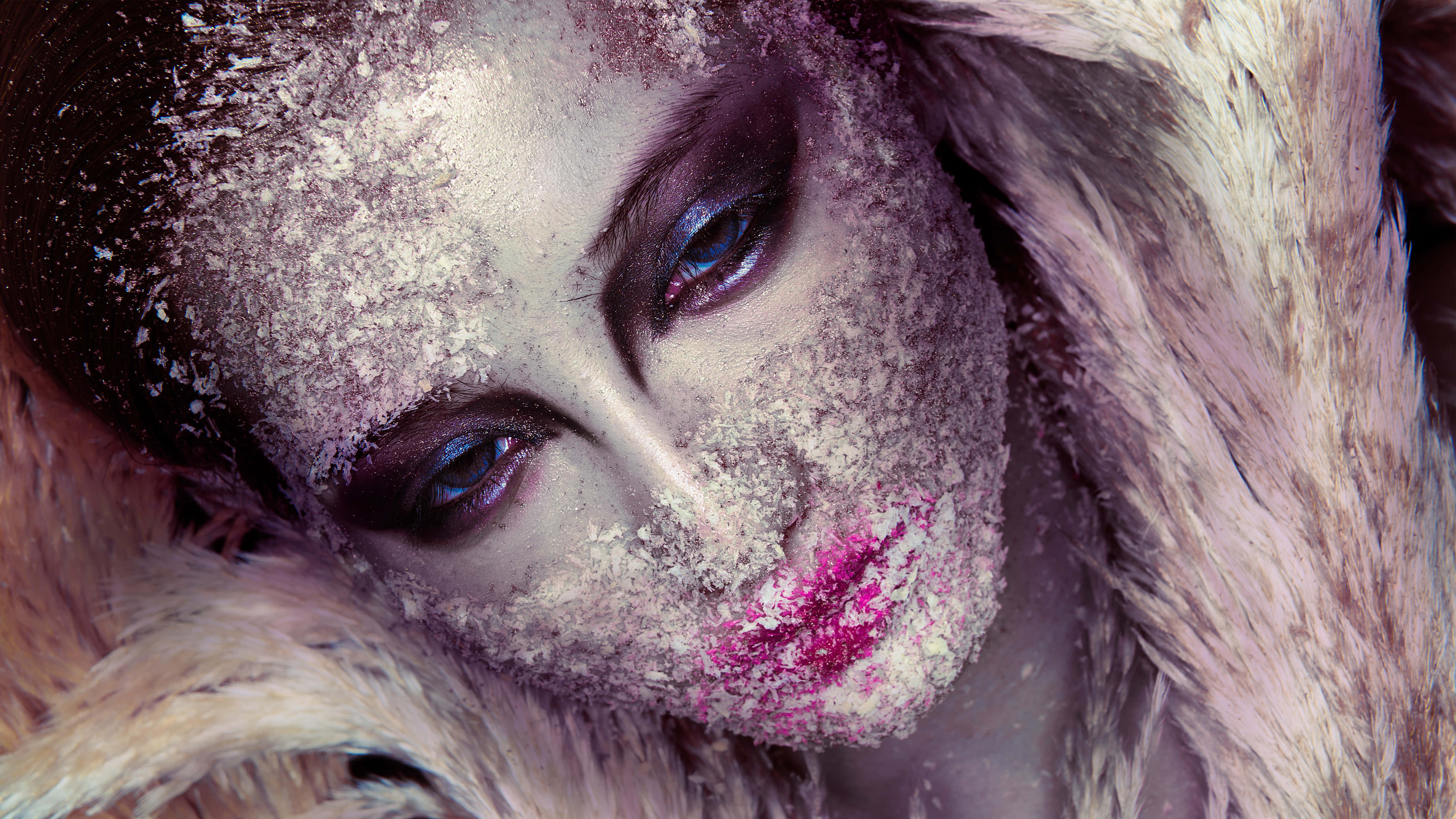 cool silver makeup, fluffy fur collar, intense blue eyes, 5K Desktop Wallpaper