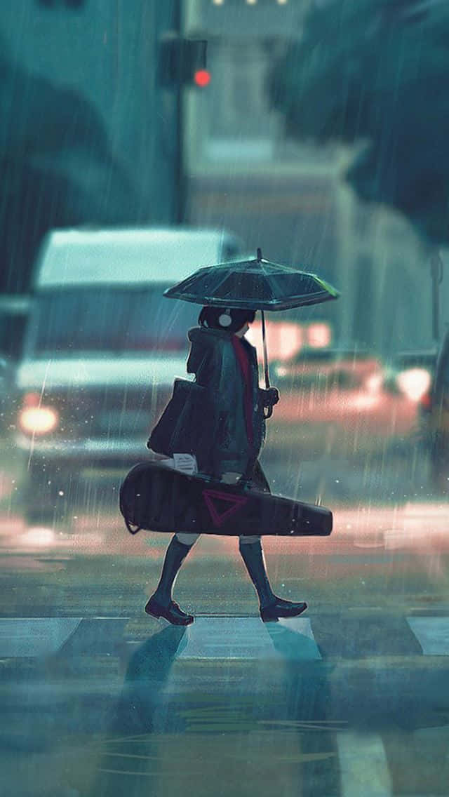 anime girl, rainy city street, headphones, SD Phone Wallpaper
