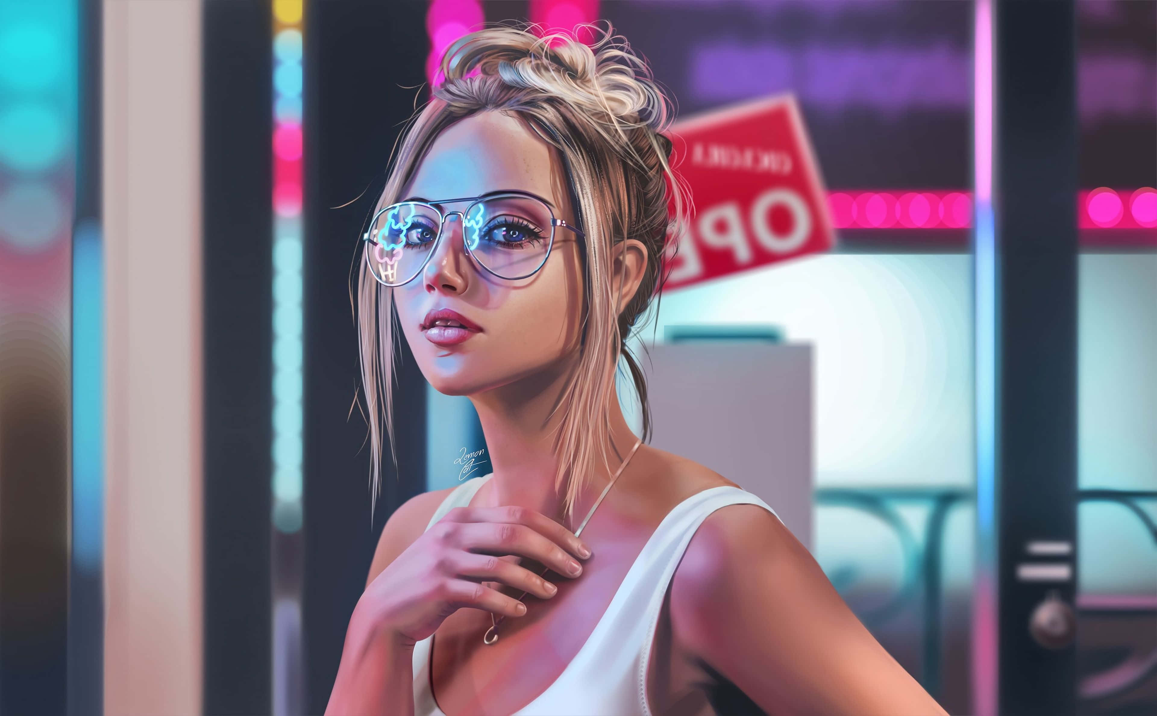 blonde hair, glasses, neon-lit urban night scene, 4K Desktop Wallpaper