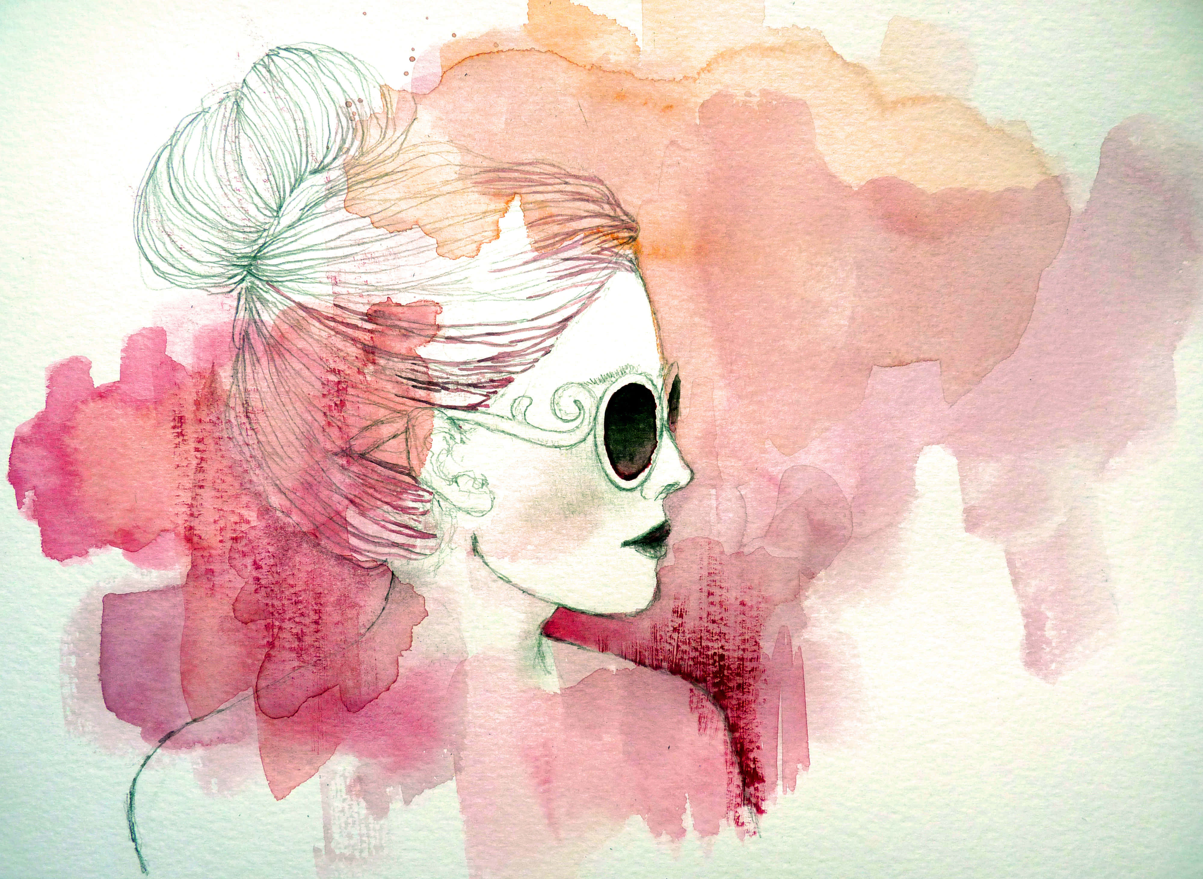 pink watercolor woman, ornate sunglasses, bun, 4K Desktop Wallpaper
