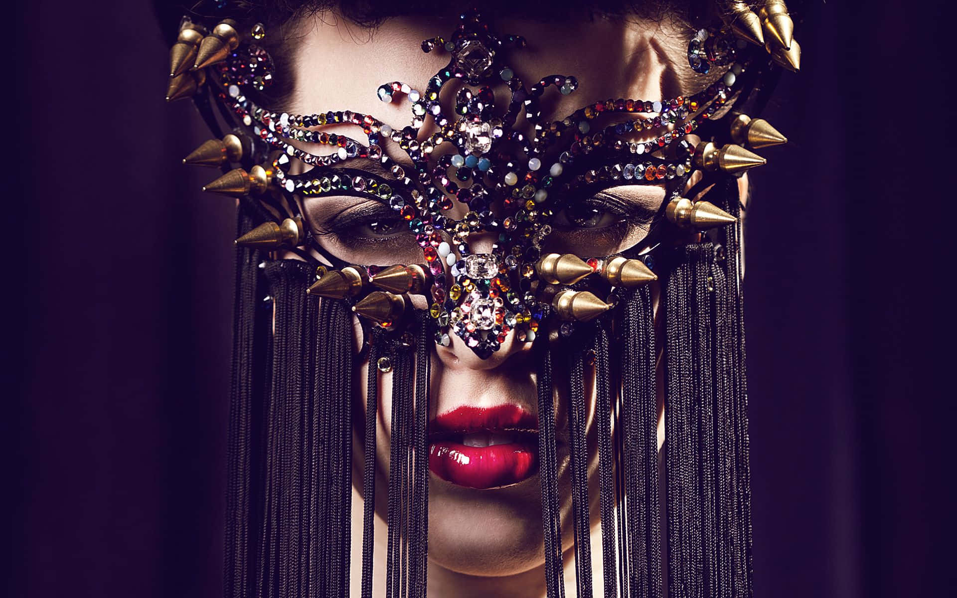 ornate jeweled mask, gold spikes, black fringe, Full HD Desktop Wallpaper