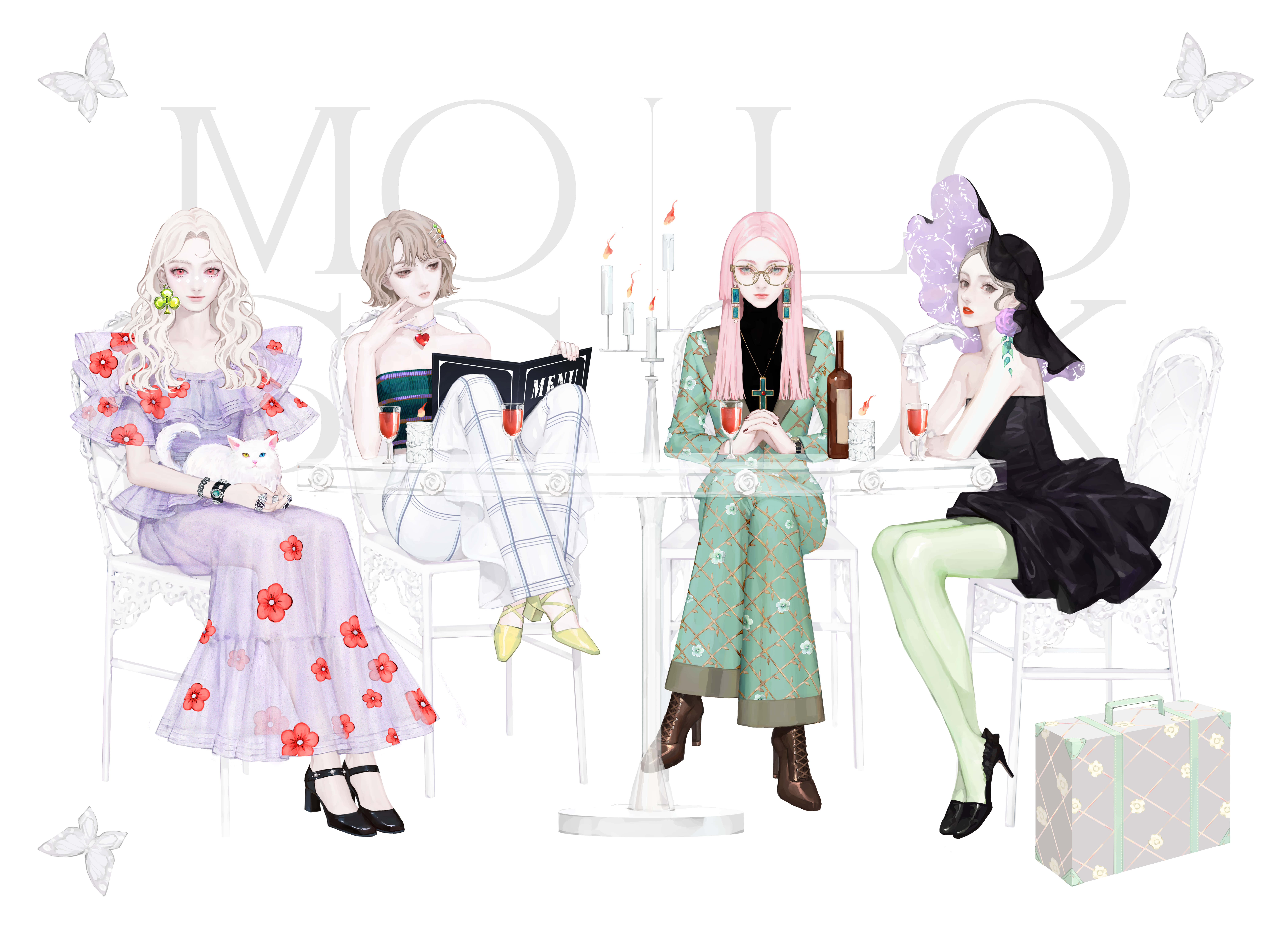 anime girls, colorful outfits, white table, 8K Desktop Wallpaper
