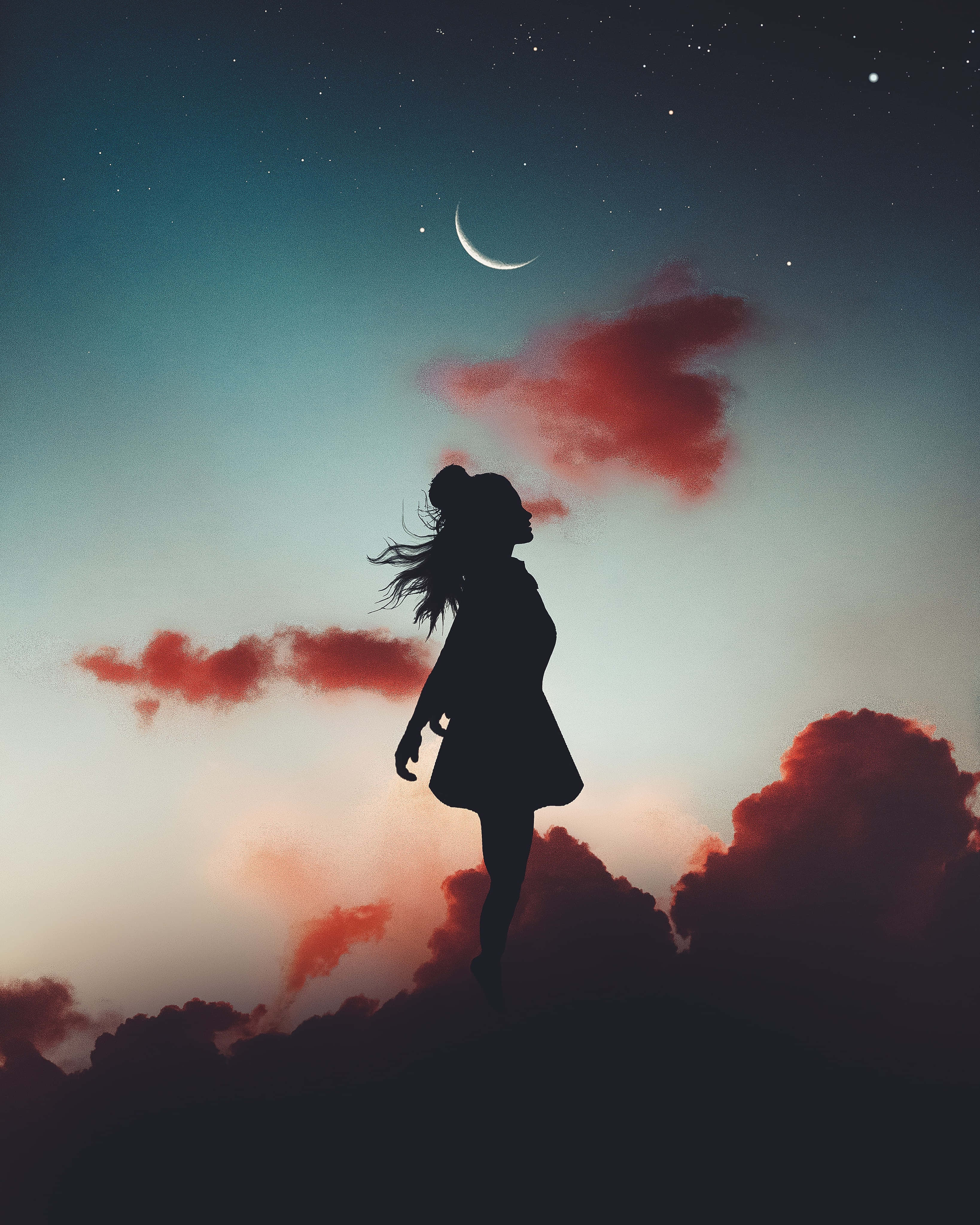 silhouette, girl, crescent moon, 4K Phone Wallpaper